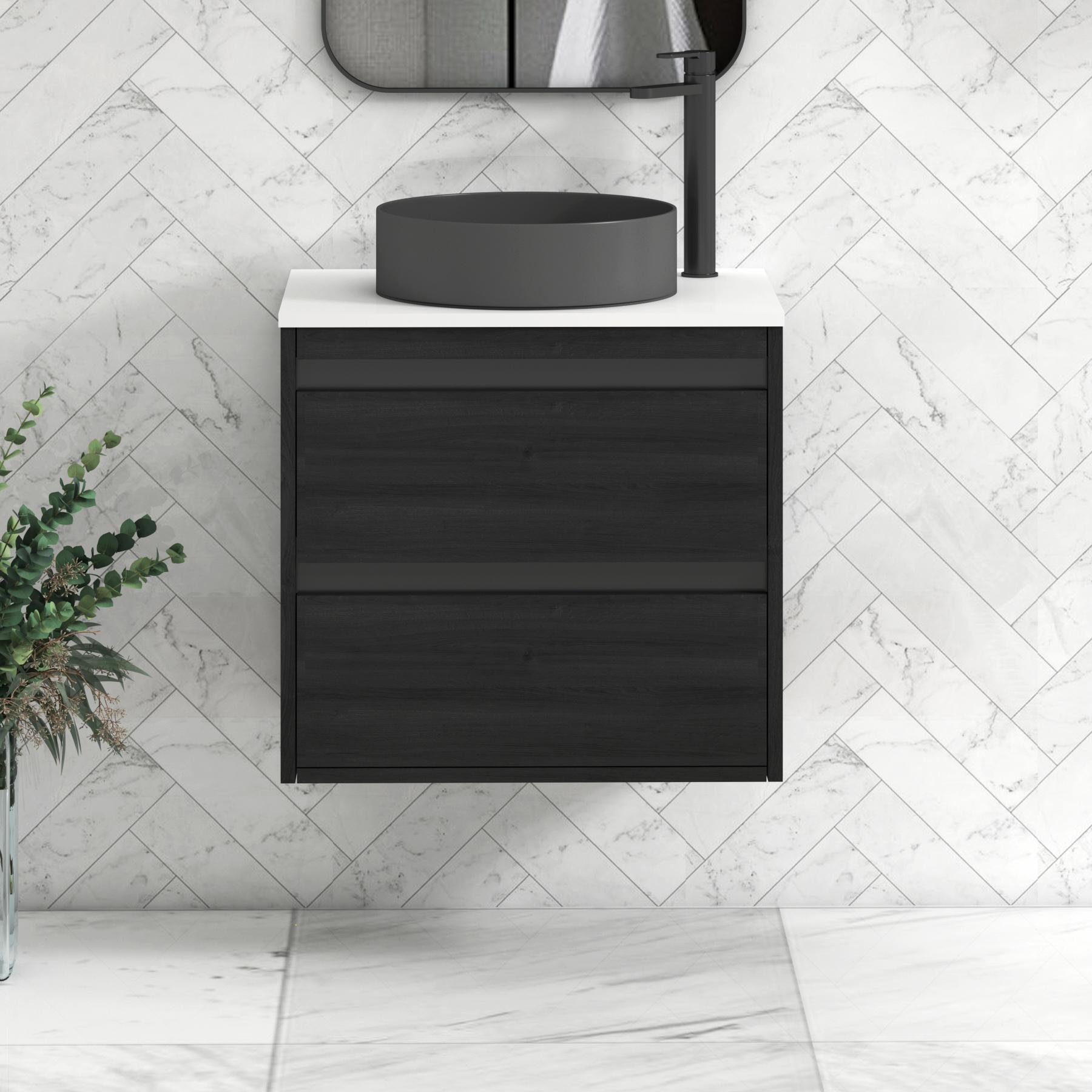Orion 2 Drawer Hale Black Wall Hung Vanity Unit with Plain White Top & Countertop Basin | Black Accent Trim