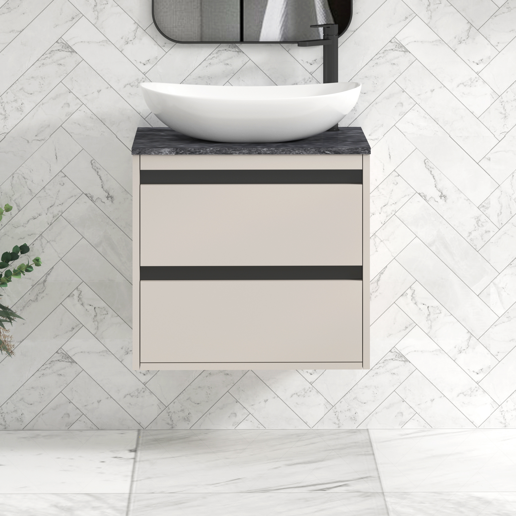 Orion 800mm Beige Wall Hung Countertop Vanity Unit 2 Drawer with Cesar Basin & Black Strip - Black Star
