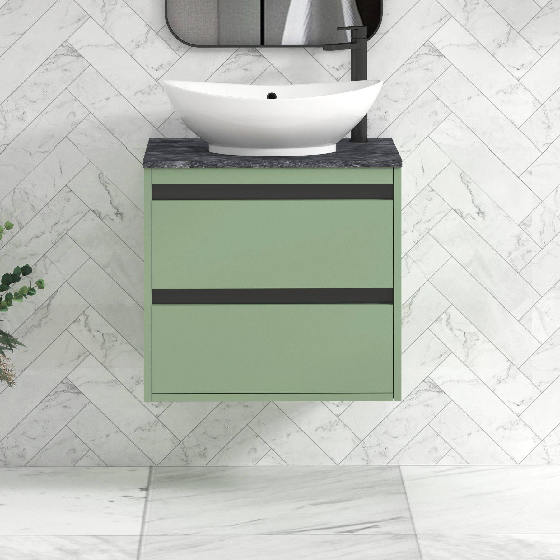 Orion 800mm Mint Green Wall Hung Countertop Vanity Unit 2 Drawer with Amaze Basin & Black Strip - Black Star