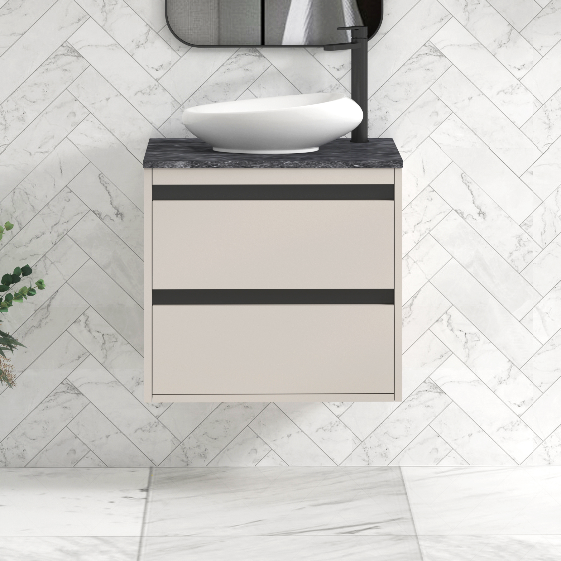 Orion 800mm Beige Wall Hung Countertop Vanity Unit 2 Drawer with Nova Basin & Black Strip - Black Star