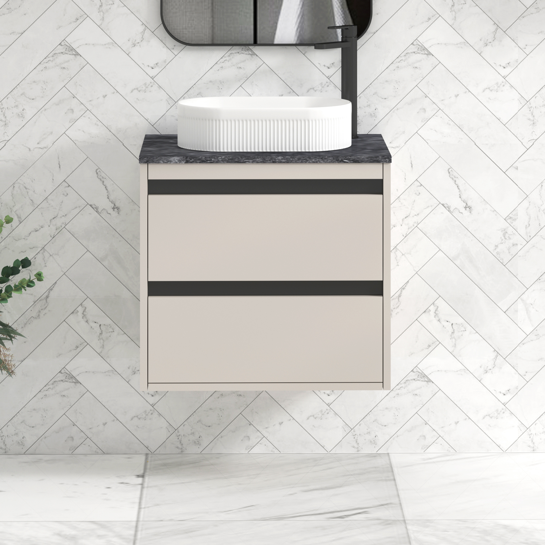Orion 800mm Beige Wall Hung Countertop Vanity Unit 2 Drawer with Lyon Basin & Black Strip - Black Star