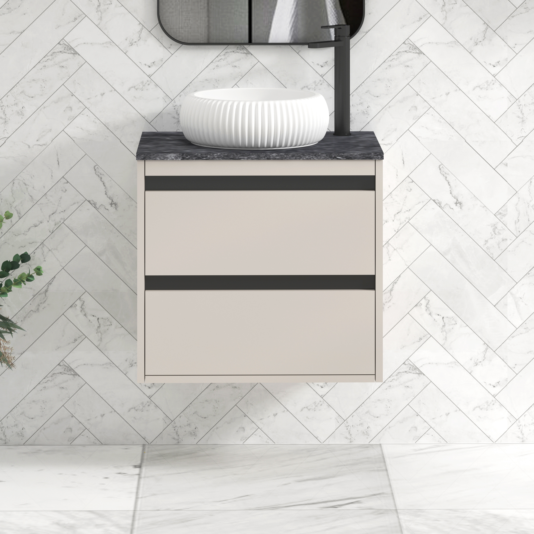 Orion 800mm Beige Wall Hung Countertop Vanity Unit 2 Drawer with Milan Basin & Black Strip - Black Star