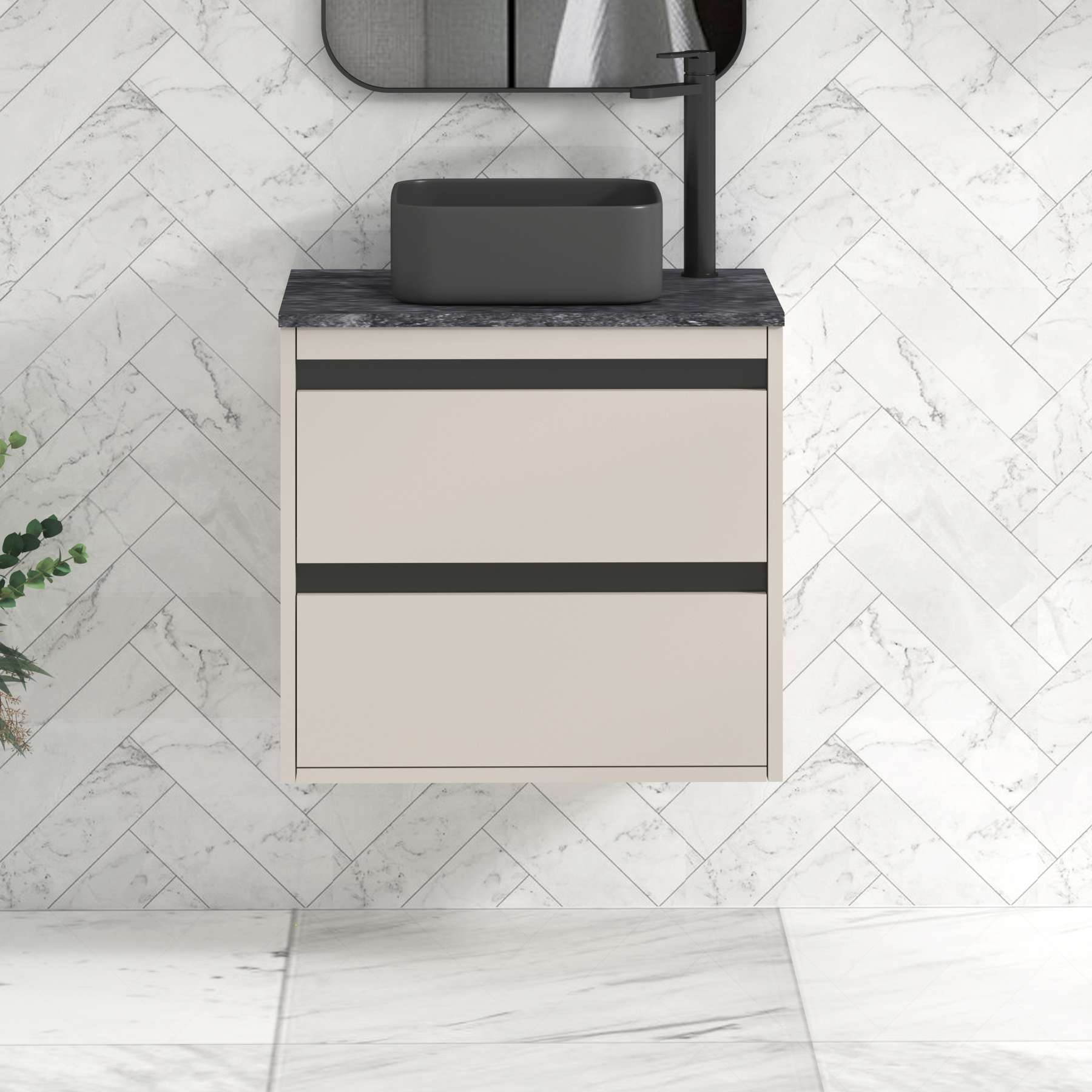 Orion 800mm Beige Wall Hung Countertop Vanity Unit 2 Drawer with Art Square Basin & Black Strip - Black Star