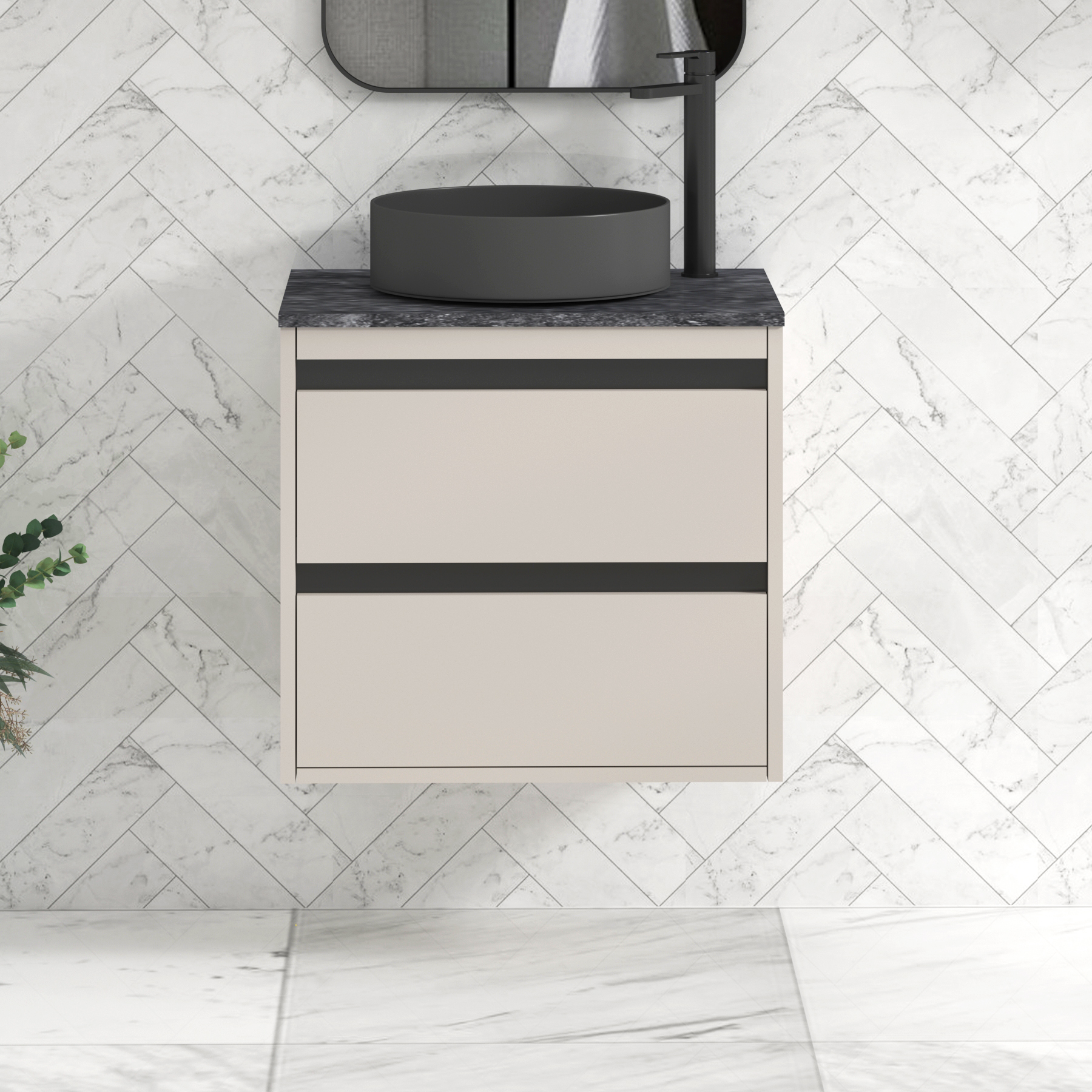 Orion 800mm Beige Wall Hung Countertop Vanity Unit 2 Drawer with Art Round Basin & Black Strip - Black Star
