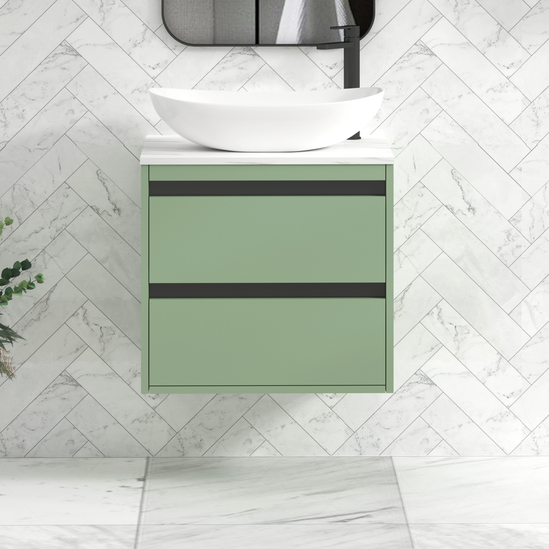 Orion 800mm Mint Green Wall Hung Countertop Vanity Unit 2 Drawer with Cesar Basin & Black Strip