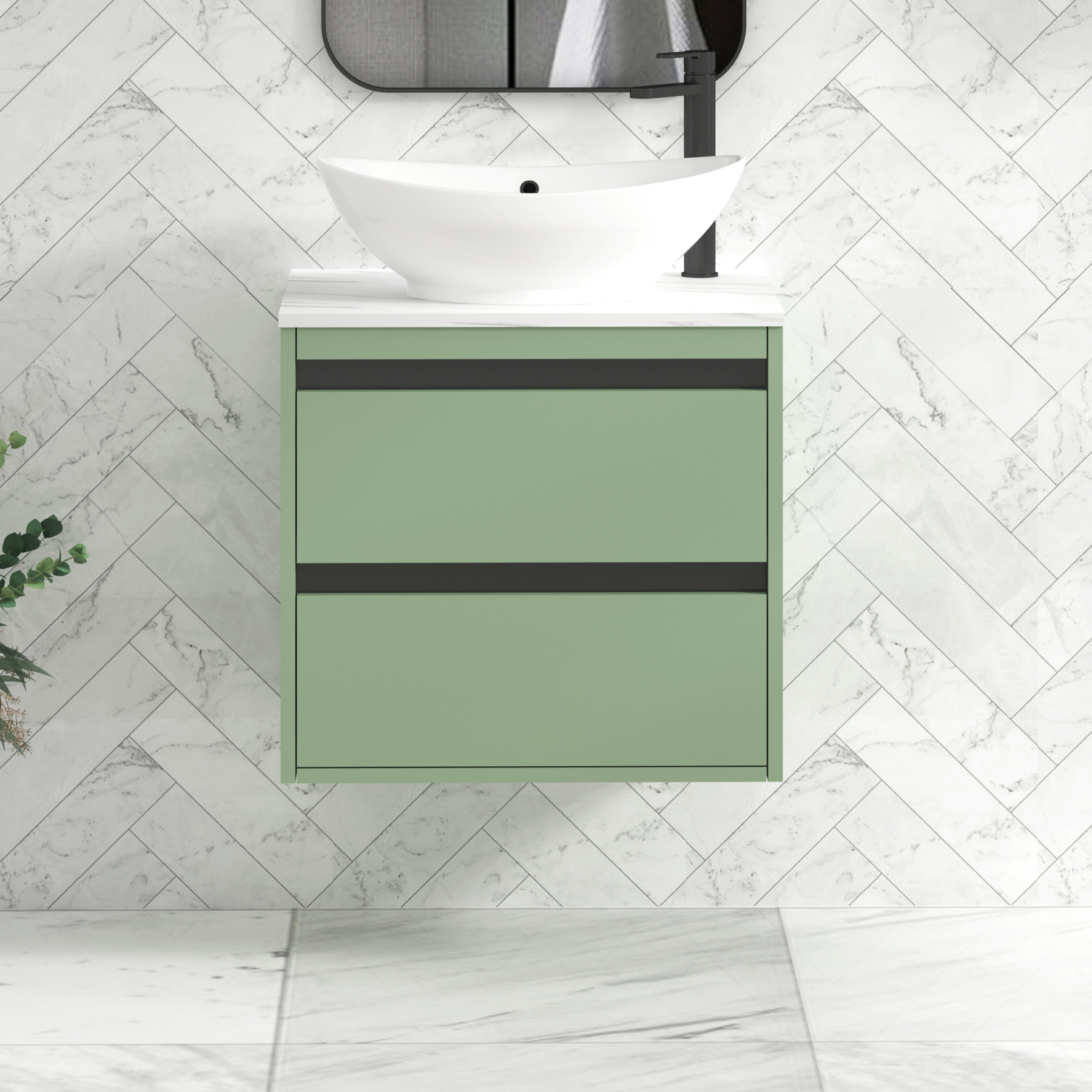 Orion 800mm Mint Green Wall Hung Countertop Vanity Unit 2 Drawer with Amaze Basin & Black Strip