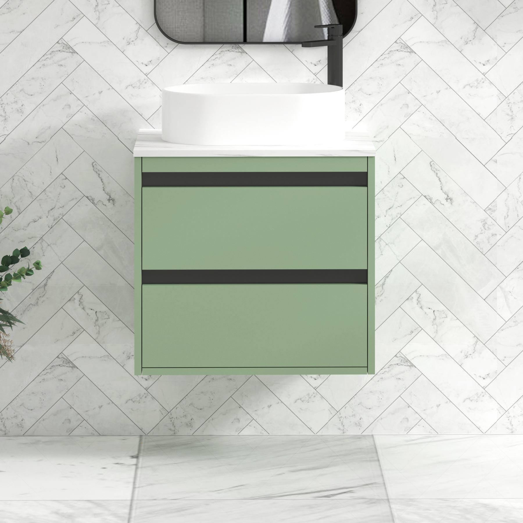 Orion 800mm Mint Green Wall Hung Countertop Vanity Unit 2 Drawer with Peak Basin & Black Strip