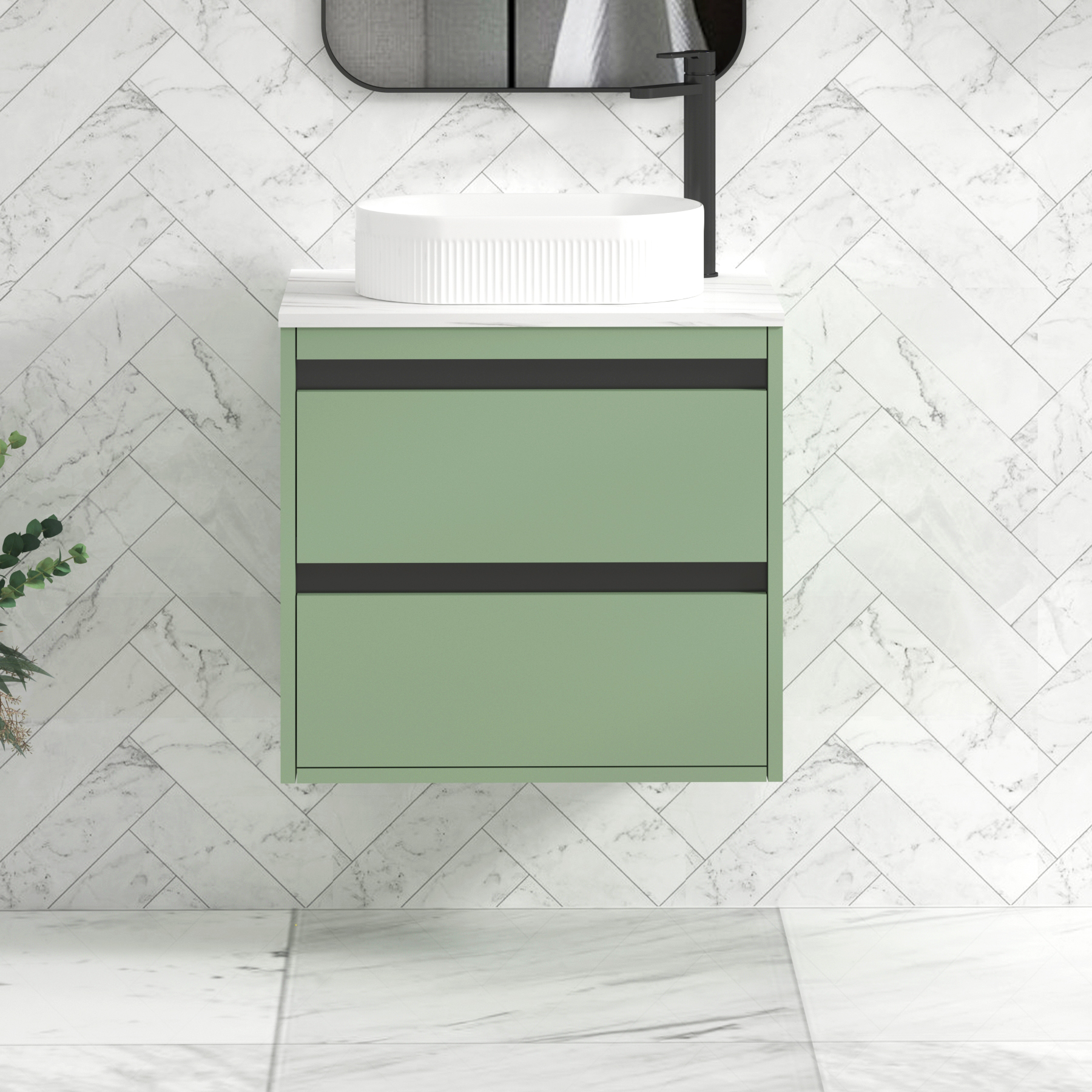 Orion 800mm Mint Green Wall Hung Countertop Vanity Unit 2 Drawer with Lyon Basin & Black Strip
