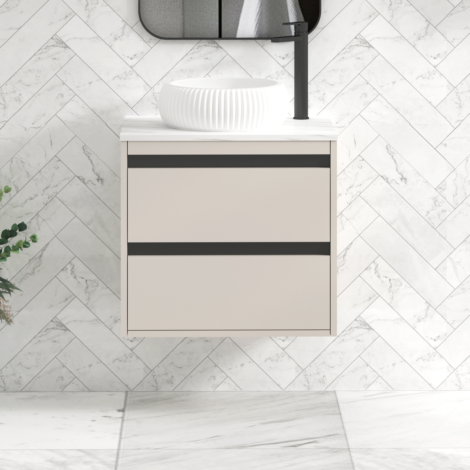 Orion 800mm Beige Wall Hung Countertop Vanity Unit 2 Drawer with Milan Basin & Black Strip