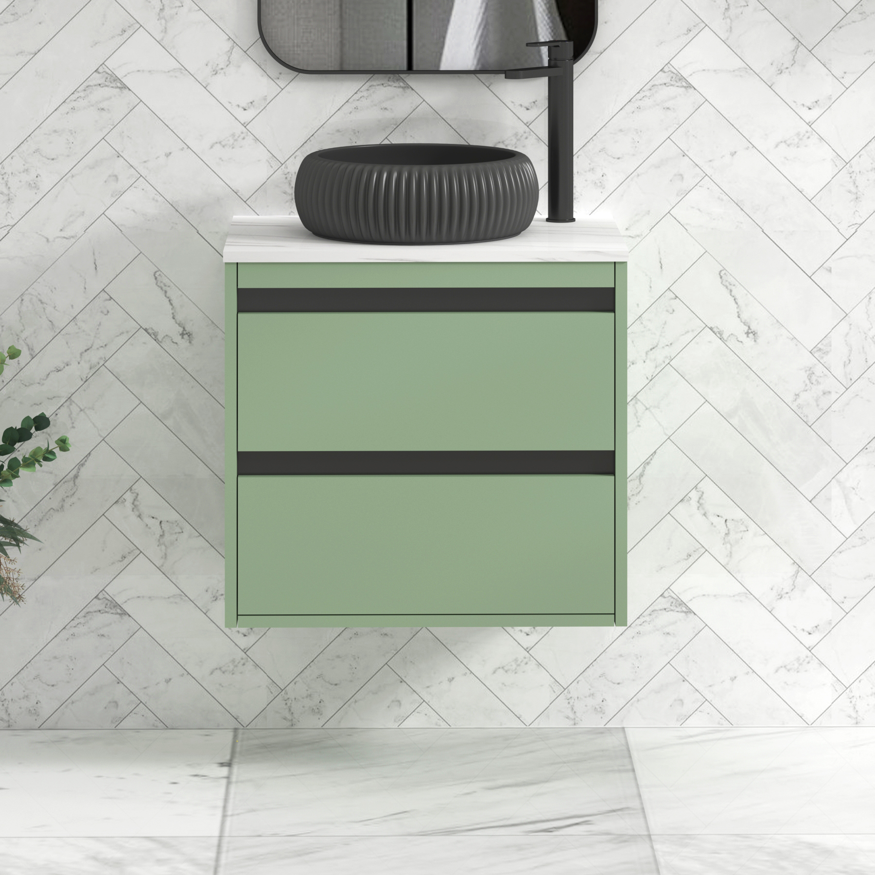 Orion 800mm Mint Green Wall Hung Countertop Vanity Unit 2 Drawer with Milan Black Basin & Black Strip