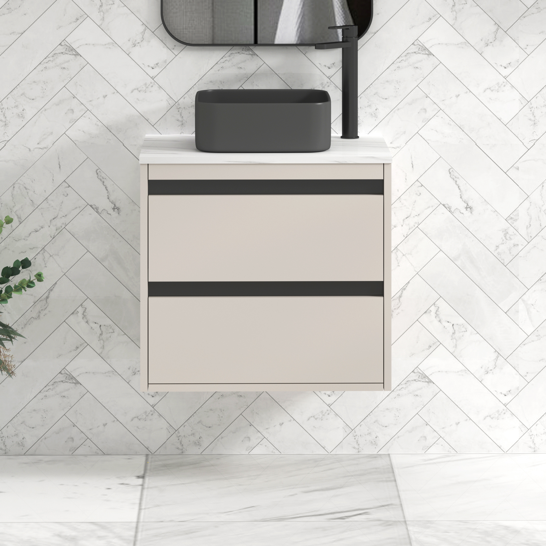 Orion 800mm Beige Wall Hung Countertop Vanity Unit 2 Drawer with Art Square Basin & Black Strip