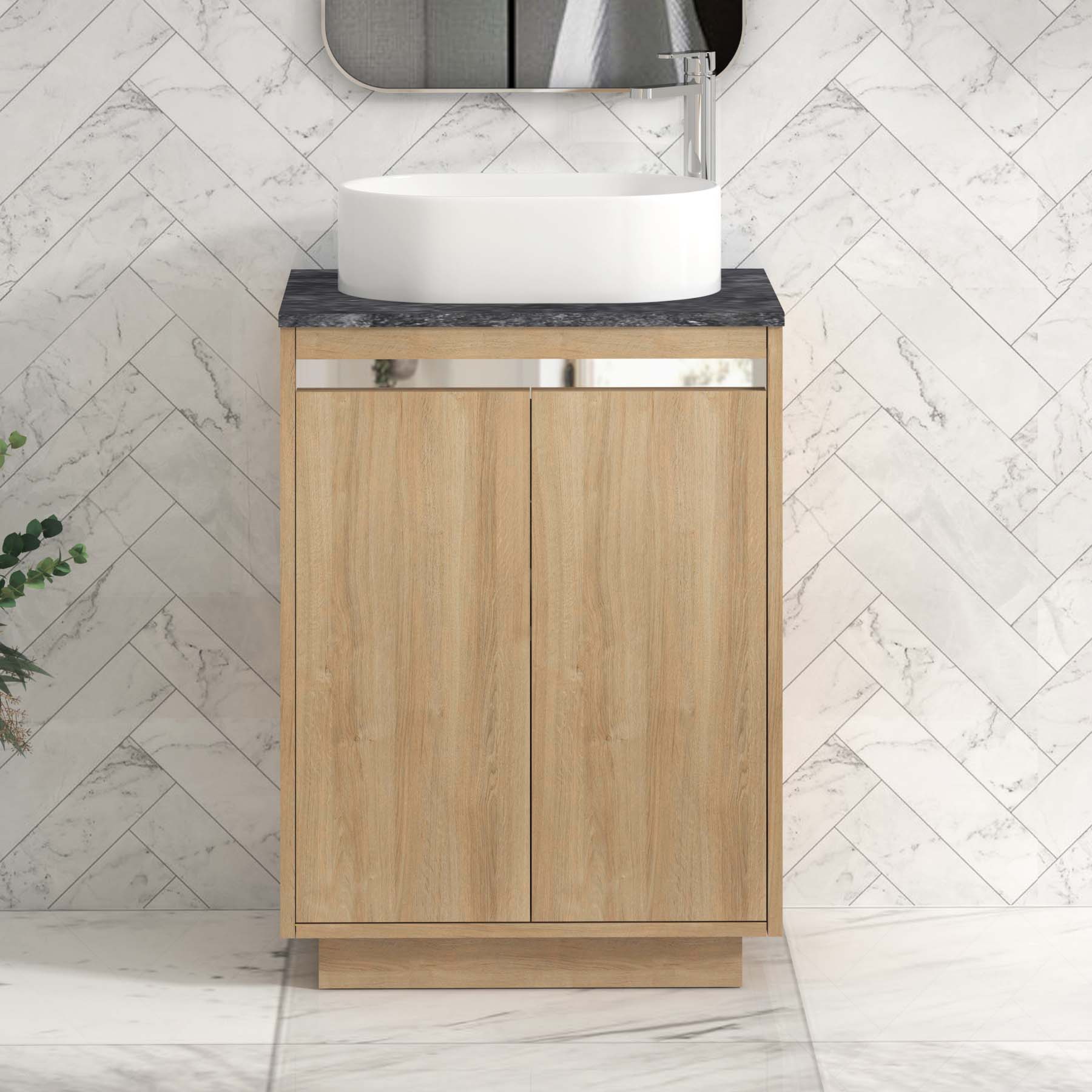Orion 600mm Oak Floor Standing Countertop Vanity Unit 2 Door with Peak Basin & Chrome Strip - Black Star
