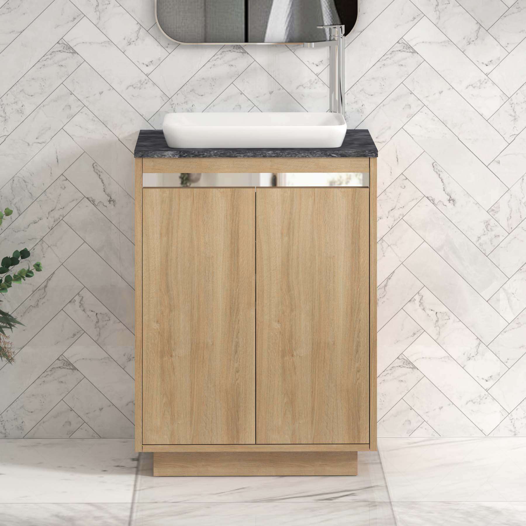 Orion 600mm Oak Floor Standing Countertop Vanity Unit 2 Door with Qubix Basin & Chrome Strip - Black Star