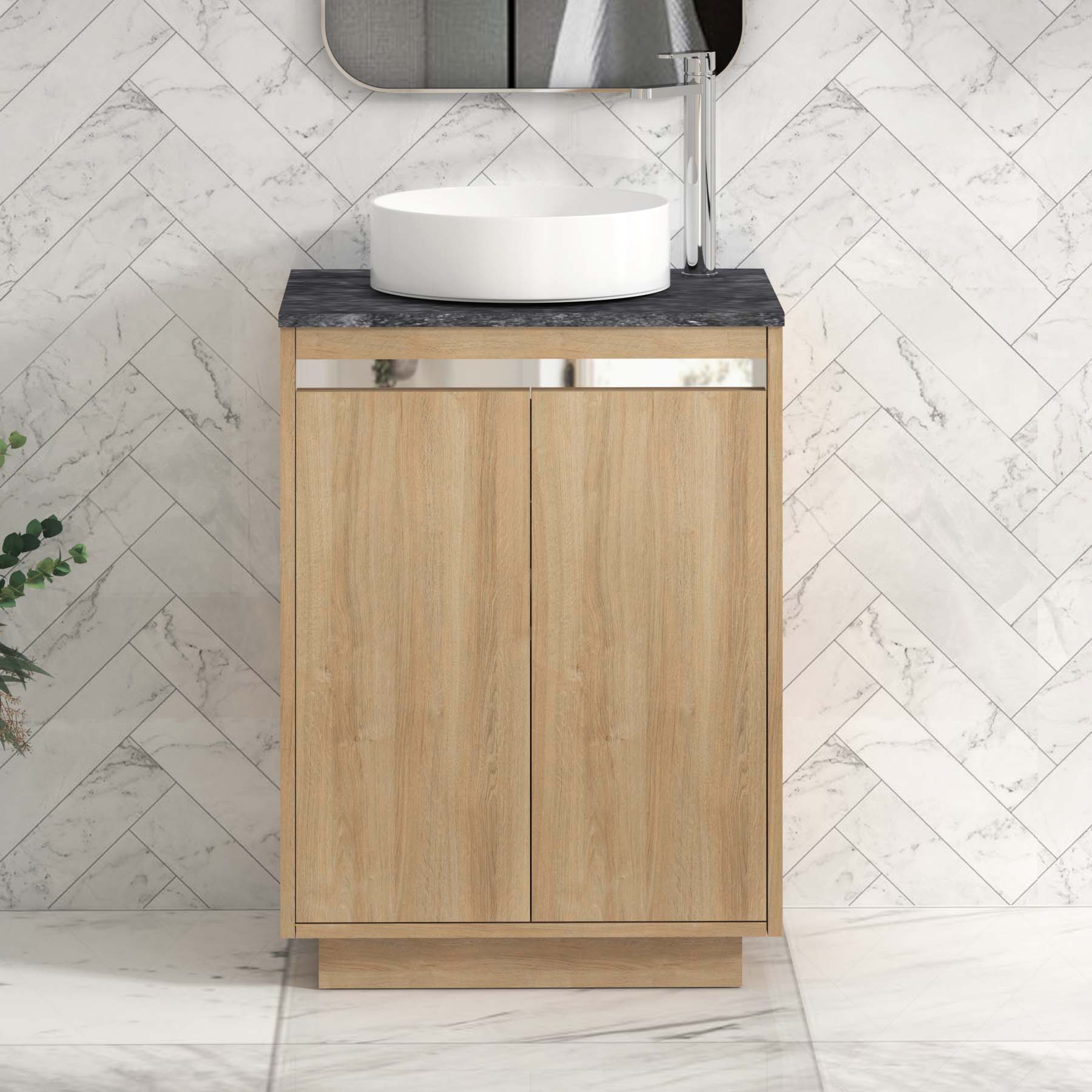 Orion 600mm Oak Floor Standing Countertop Vanity Unit 2 Door with Art Basin & Chrome Strip - Black Star