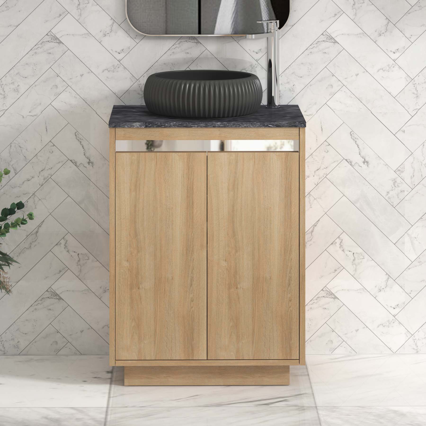 Orion 600mm Oak Floor Standing Countertop Vanity Unit 2 Door with Milan Black Basin & Chrome Strip - Black Star