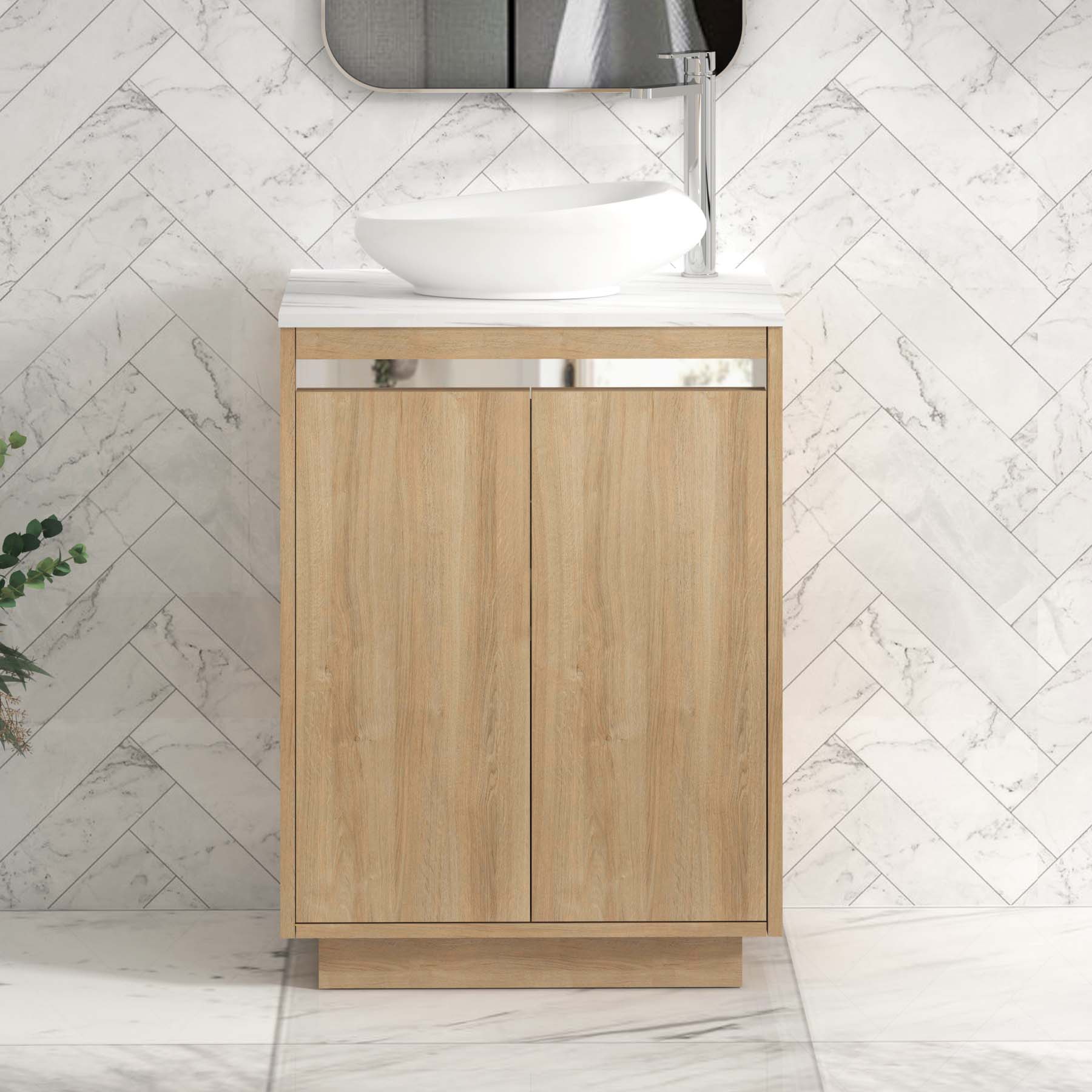Orion 600mm Natural Oak Floor Standing Countertop Vanity Unit 2 Door with Nova Basin & Chrome Accent Trim