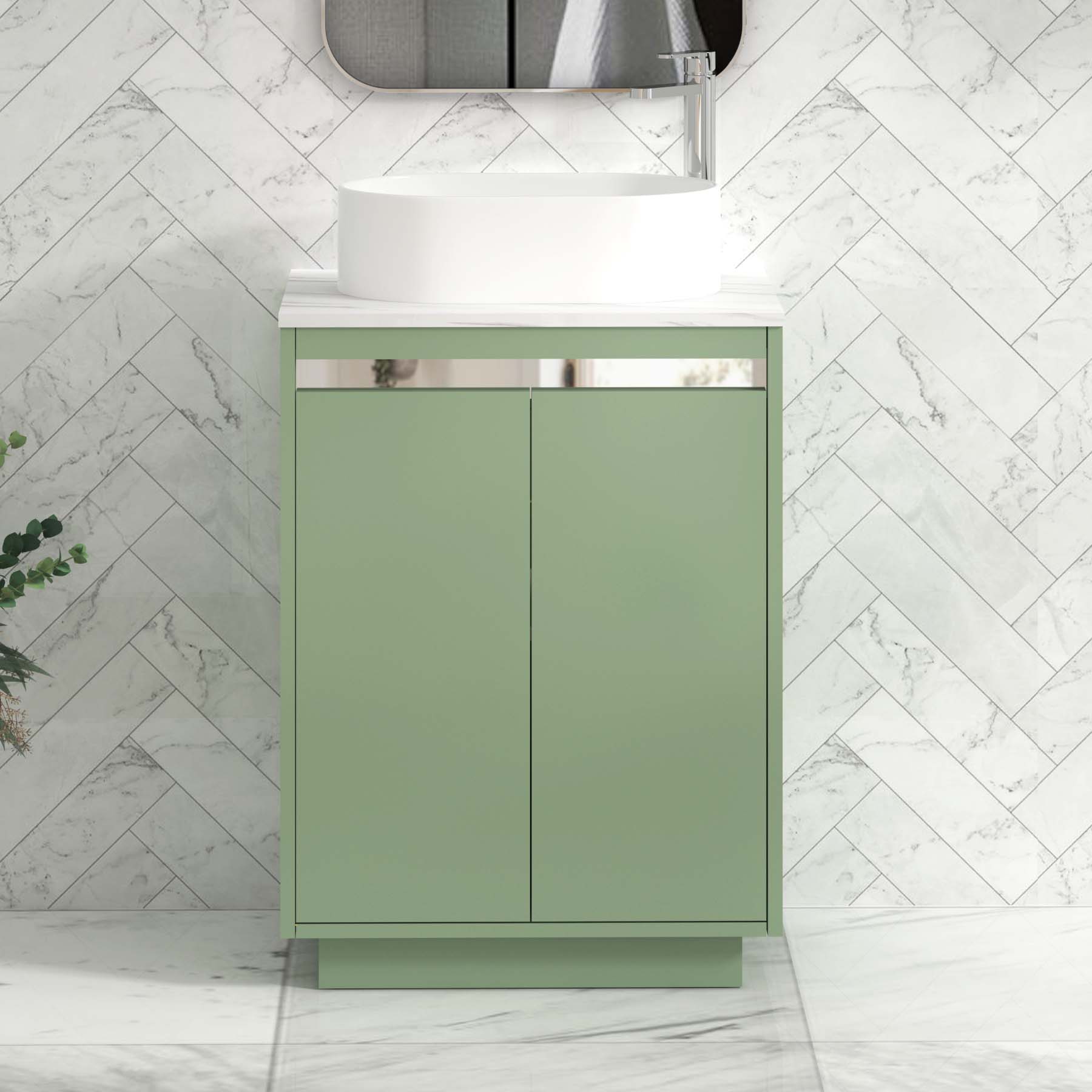Orion 600mm Mint Sage Floor Standing Countertop Vanity Unit 2 Door with Peak Basin & Chrome Accent Trim