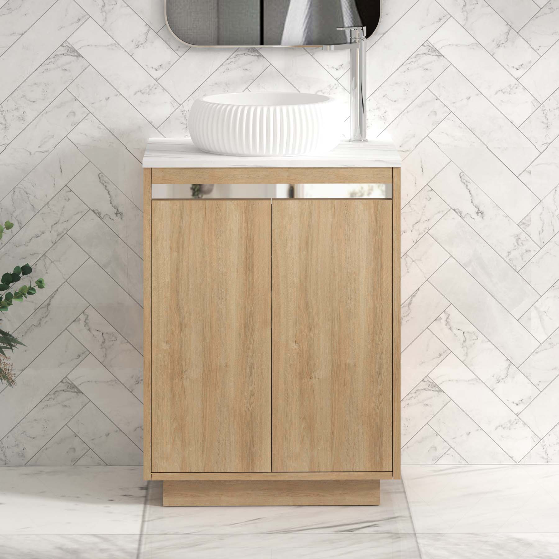 Orion 600mm Oak Floor Standing Countertop Vanity Unit 2 Door with Milan Basin & Chrome Strip