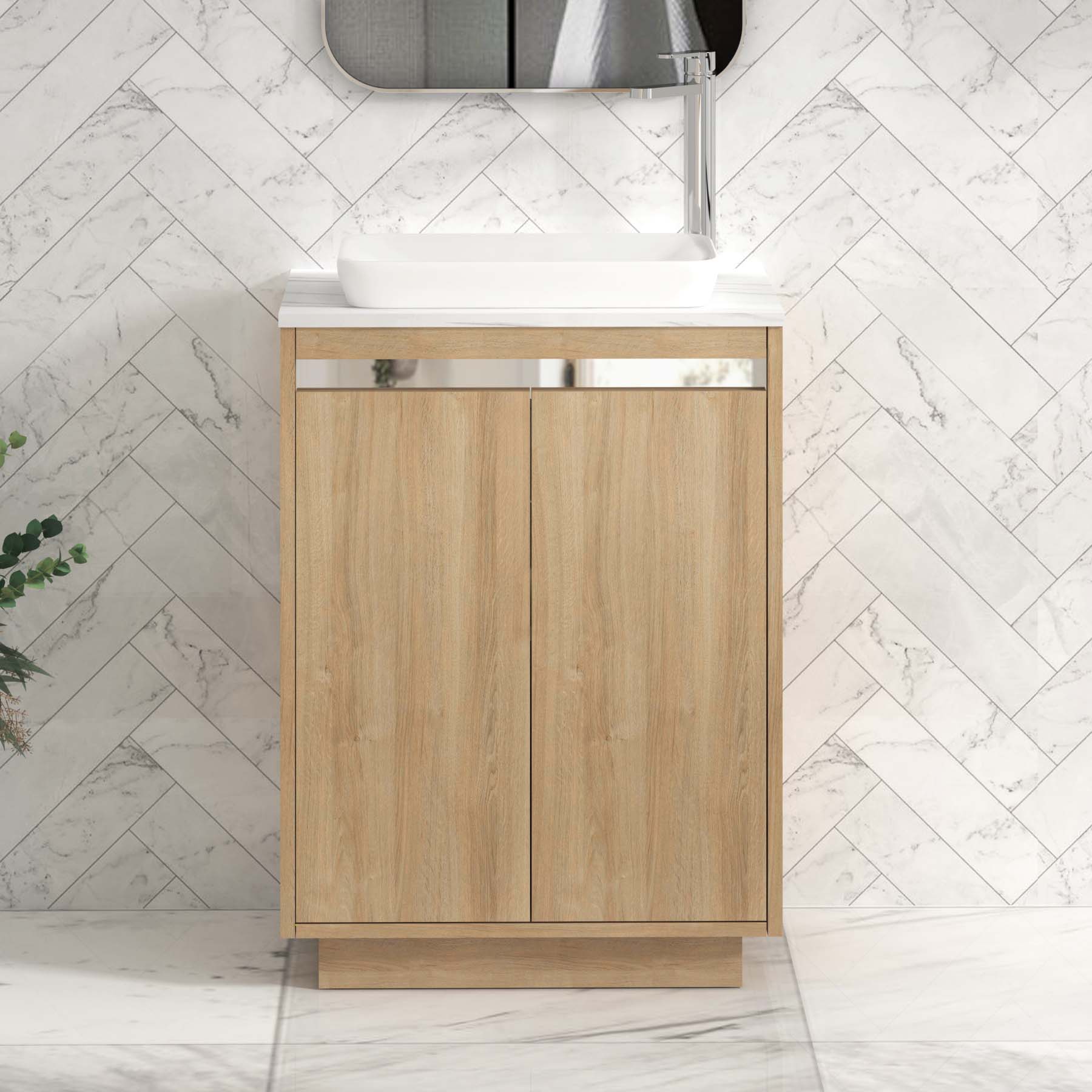 Orion 600mm Oak Floor Standing Countertop Vanity Unit 2 Door with Qubix Basin & Chrome Strip