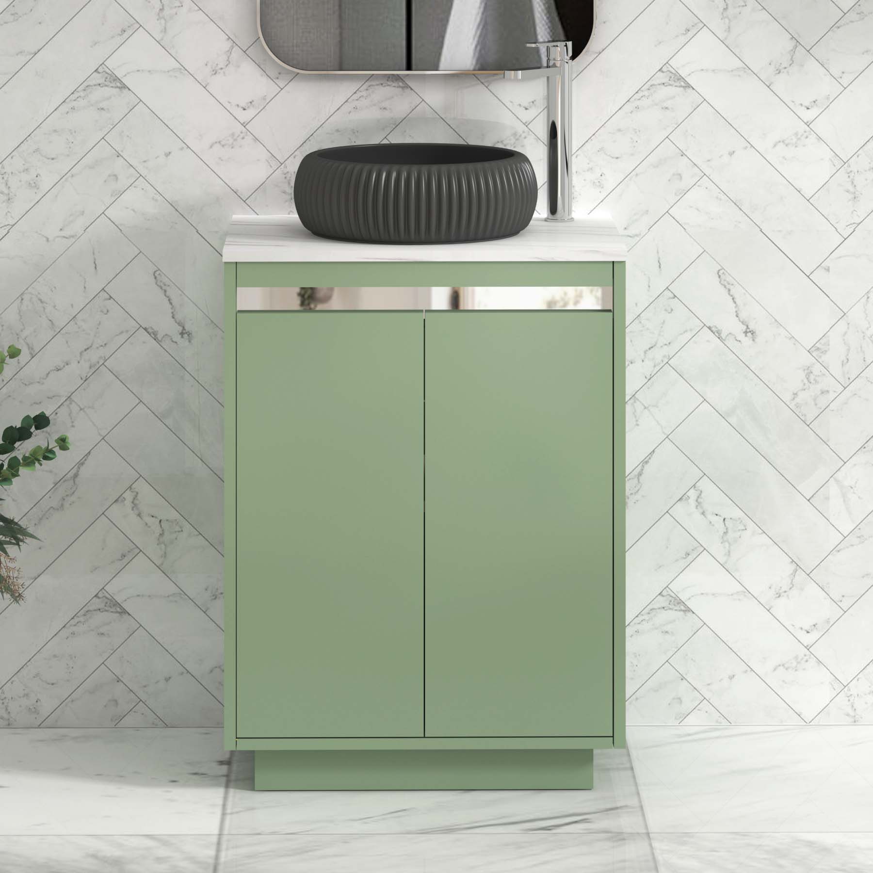 Orion 600mm Mint Sage Floor Standing Countertop Vanity Unit 2 Door with Milan Black Basin & Chrome Accent Trim