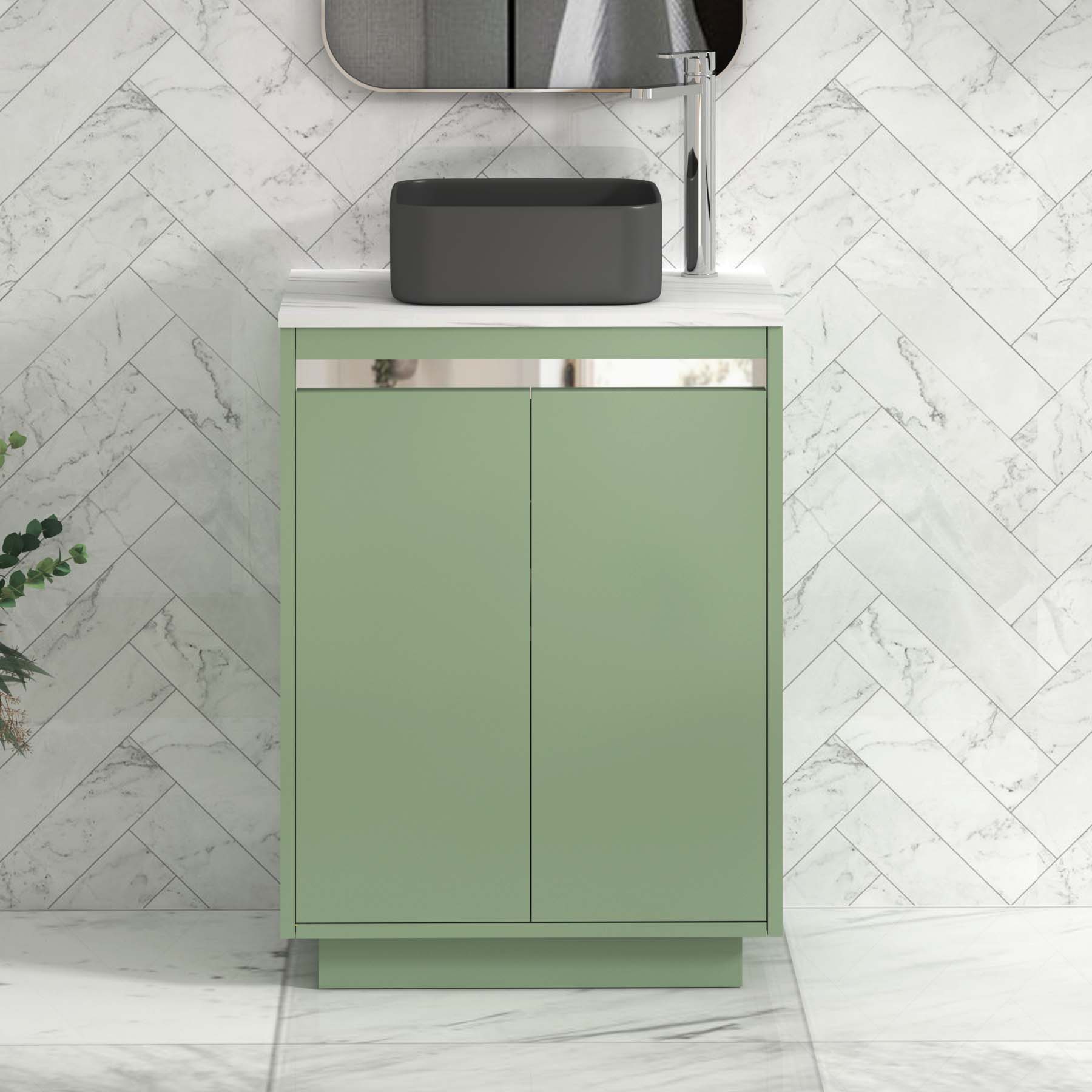 Orion 600mm Mint Green Floor Standing Countertop Vanity Unit 2 Door with Art Square Basin & Chrome Strip