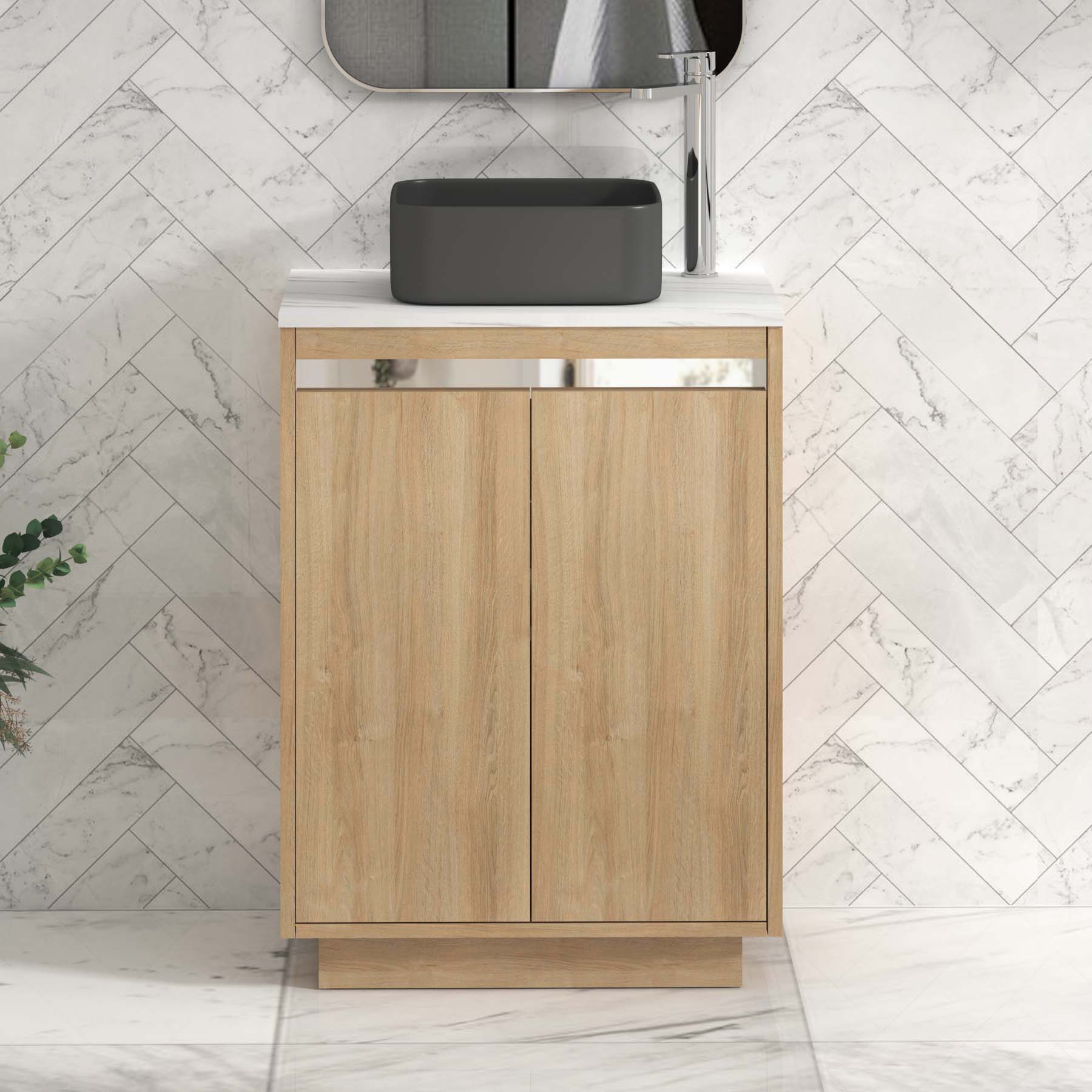 Orion 600mm Oak Floor Standing Countertop Vanity Unit 2 Door with Art Square Basin & Chrome Strip