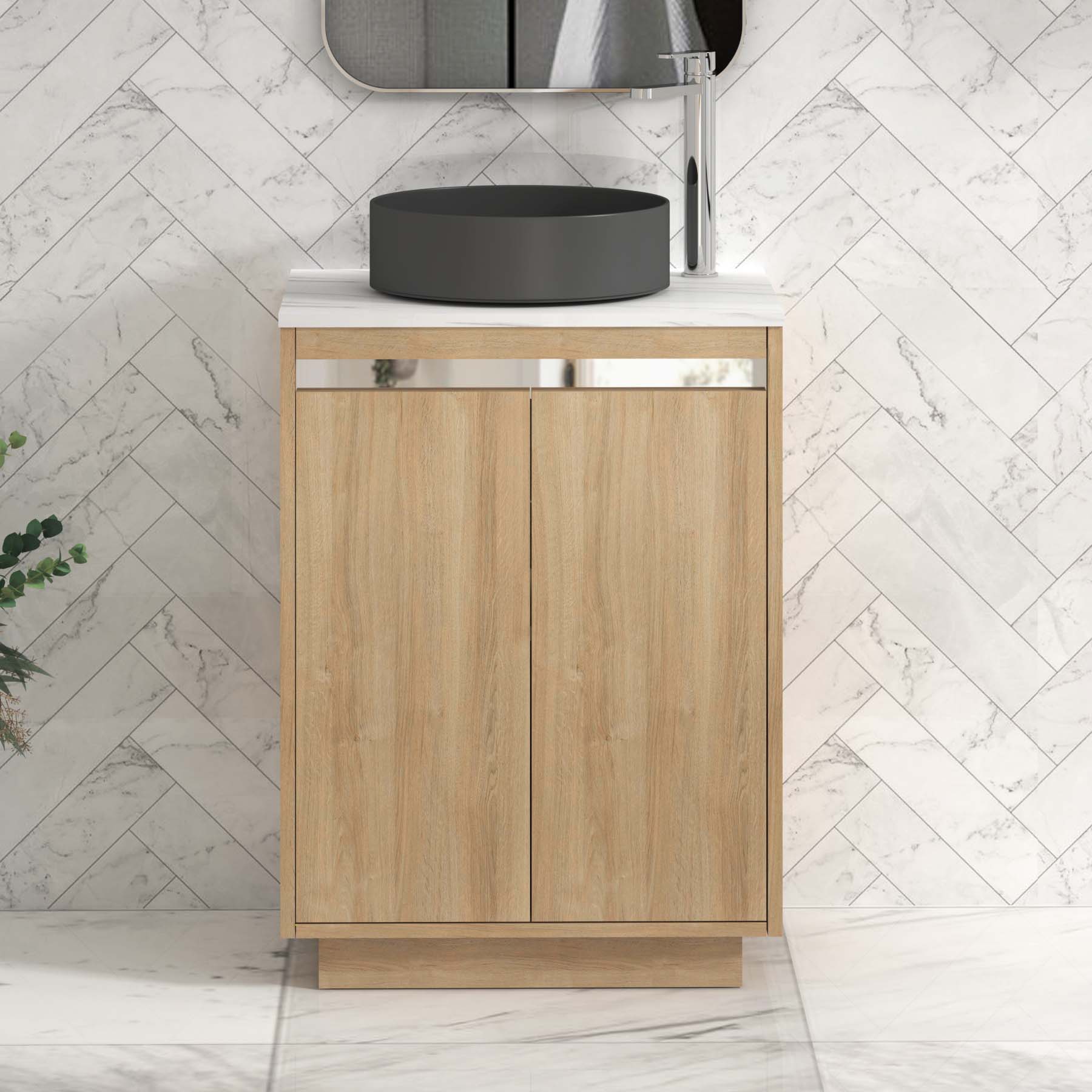 Orion 600mm Oak Floor Standing Countertop Vanity Unit 2 Door with Art Round Basin & Chrome Strip