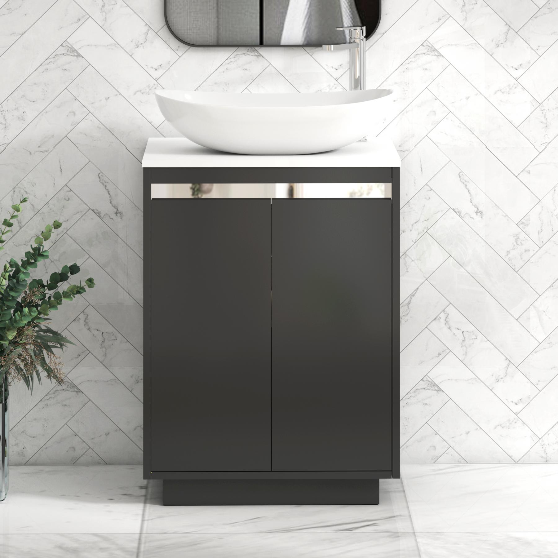 Orion 2 Door Matt Obsidian Black Floor Standing Vanity Unit with Plain White Top & Countertop Basin
