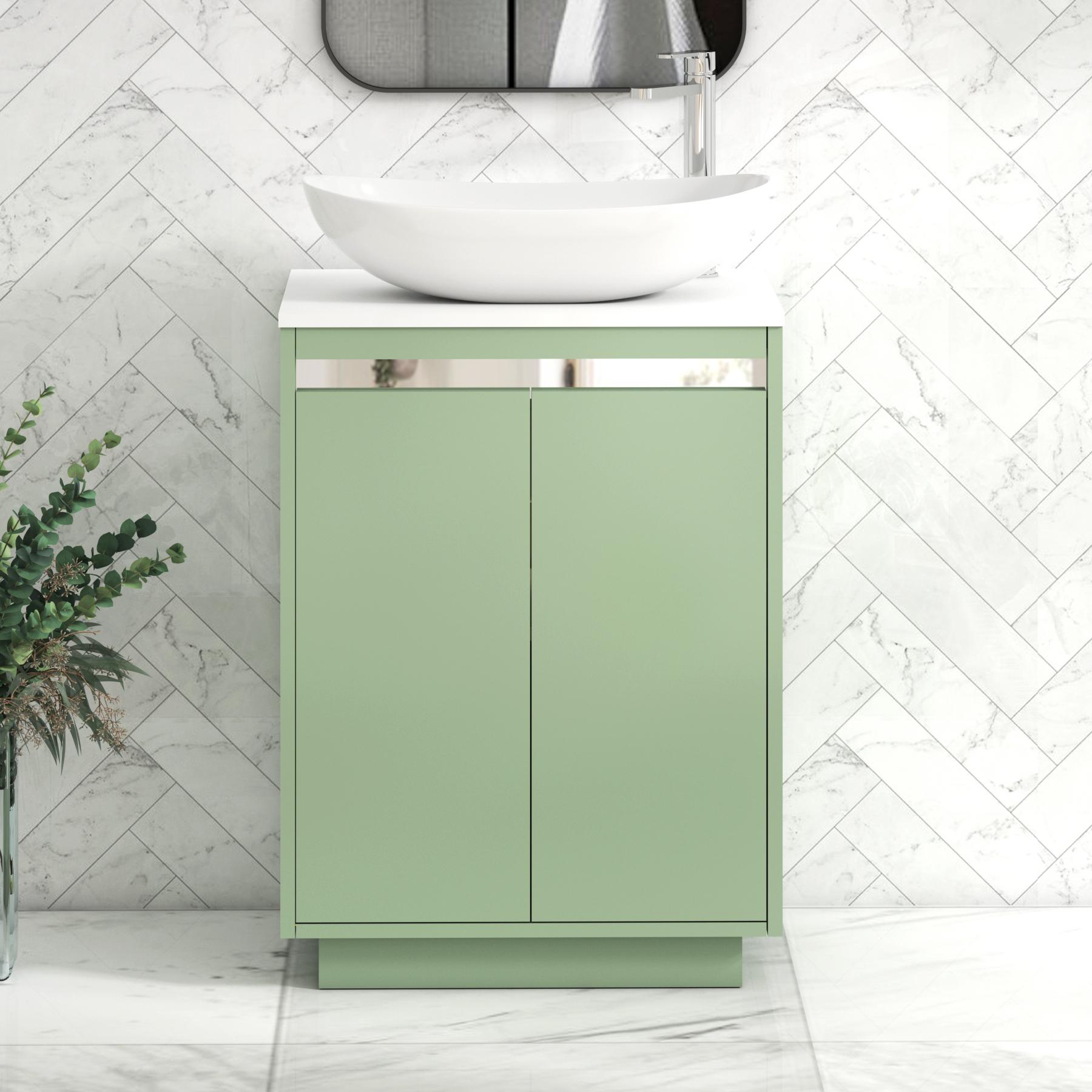 Orion 2 Door Mint Sage Floor Standing Vanity Unit with Plain White Top & Countertop Basin