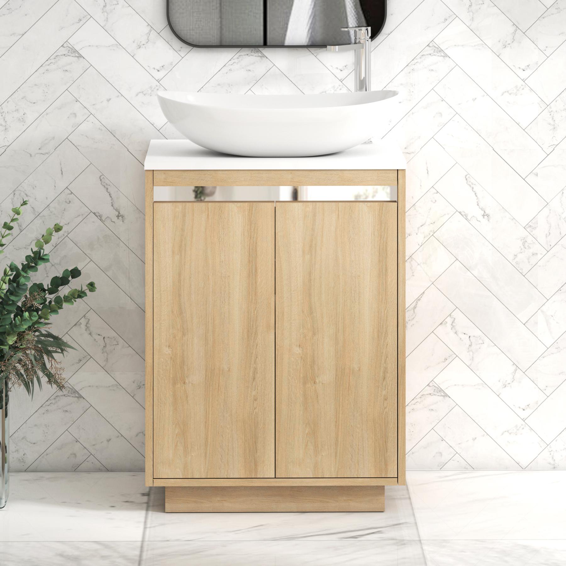 Orion 2 Door Natural Oak Floor Standing Vanity Unit with Plain White Top & Countertop Basin