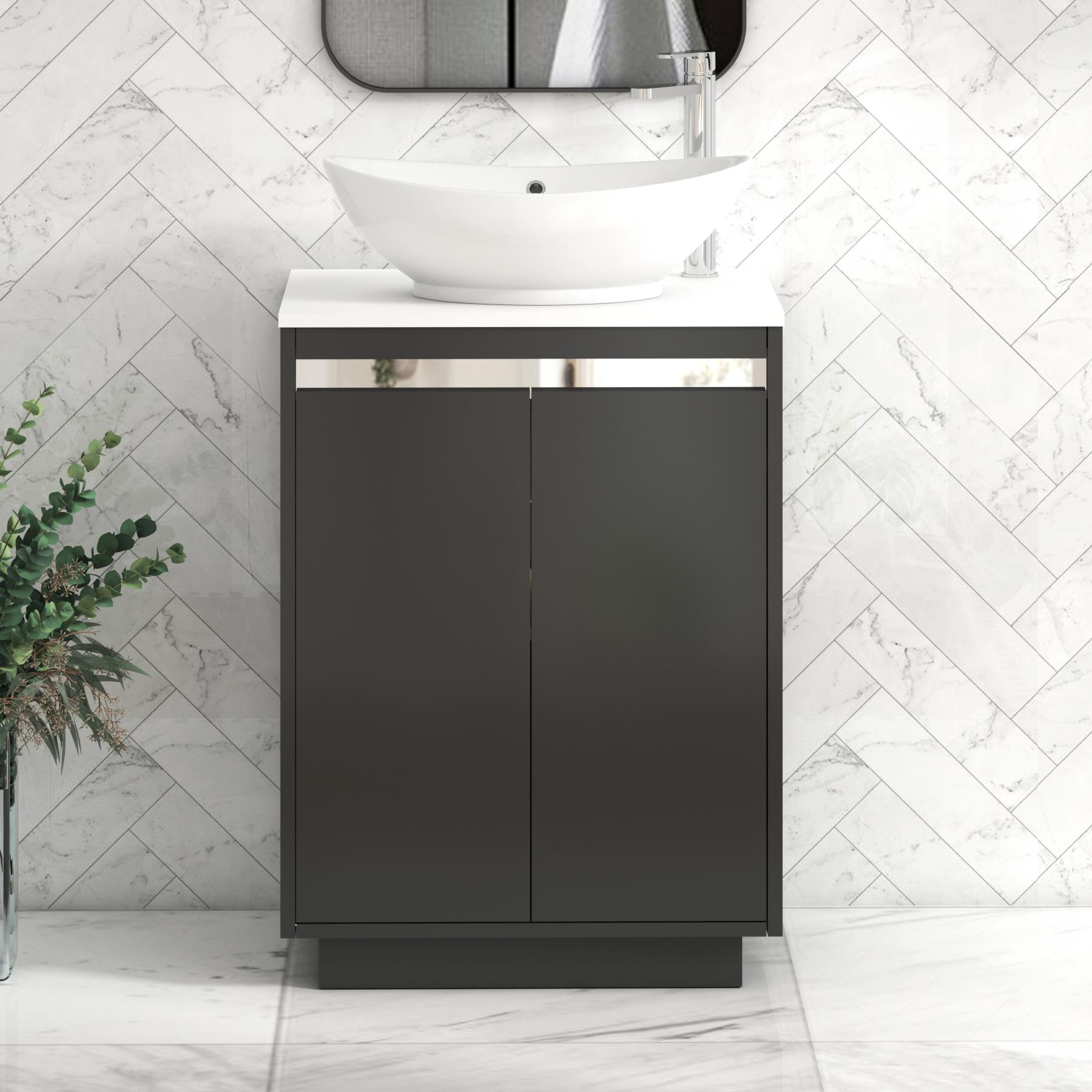 Orion 2 Door Matt Obsidian Black Floor Standing Vanity Unit with Plain White Top & Countertop Basin