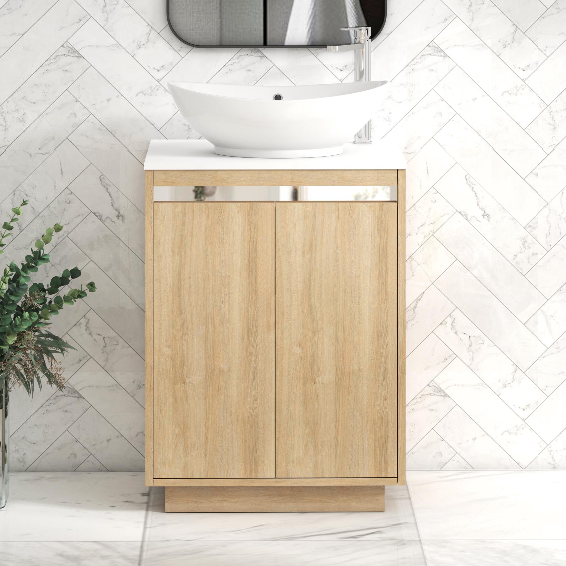 Orion 2 Door Natural Oak Floor Standing Vanity Unit with Plain White Top & Countertop Basin
