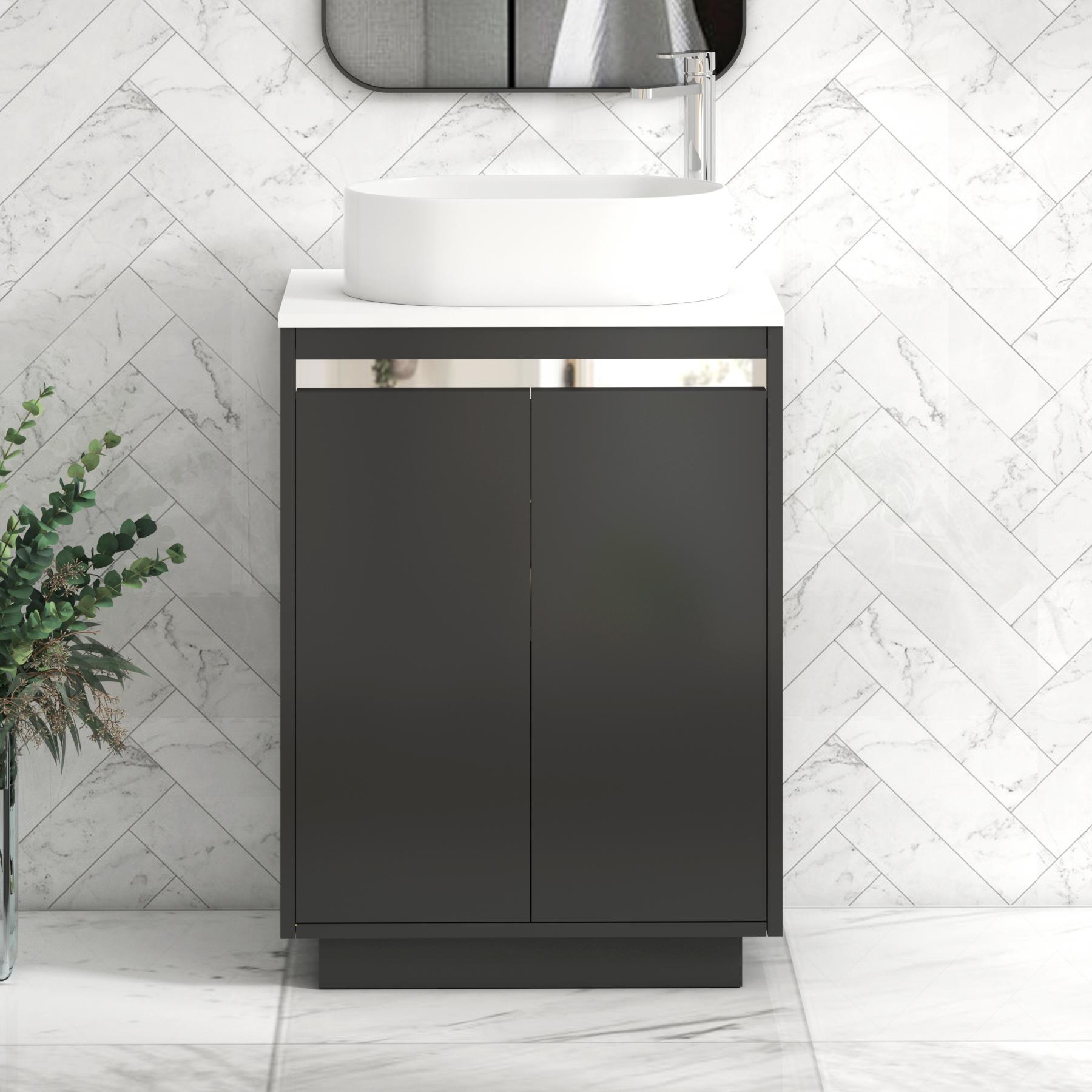 Orion 2 Door Matt Obsidian Black Floor Standing Vanity Unit with Plain White Top & Countertop Basin