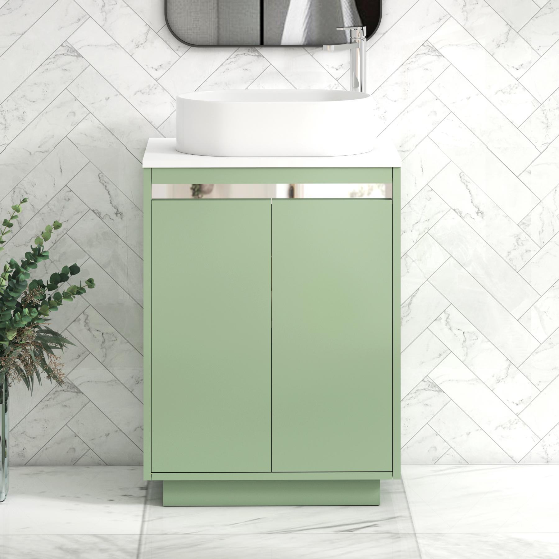 Orion 2 Door Mint Sage Floor Standing Vanity Unit with Plain White Top & Countertop Basin