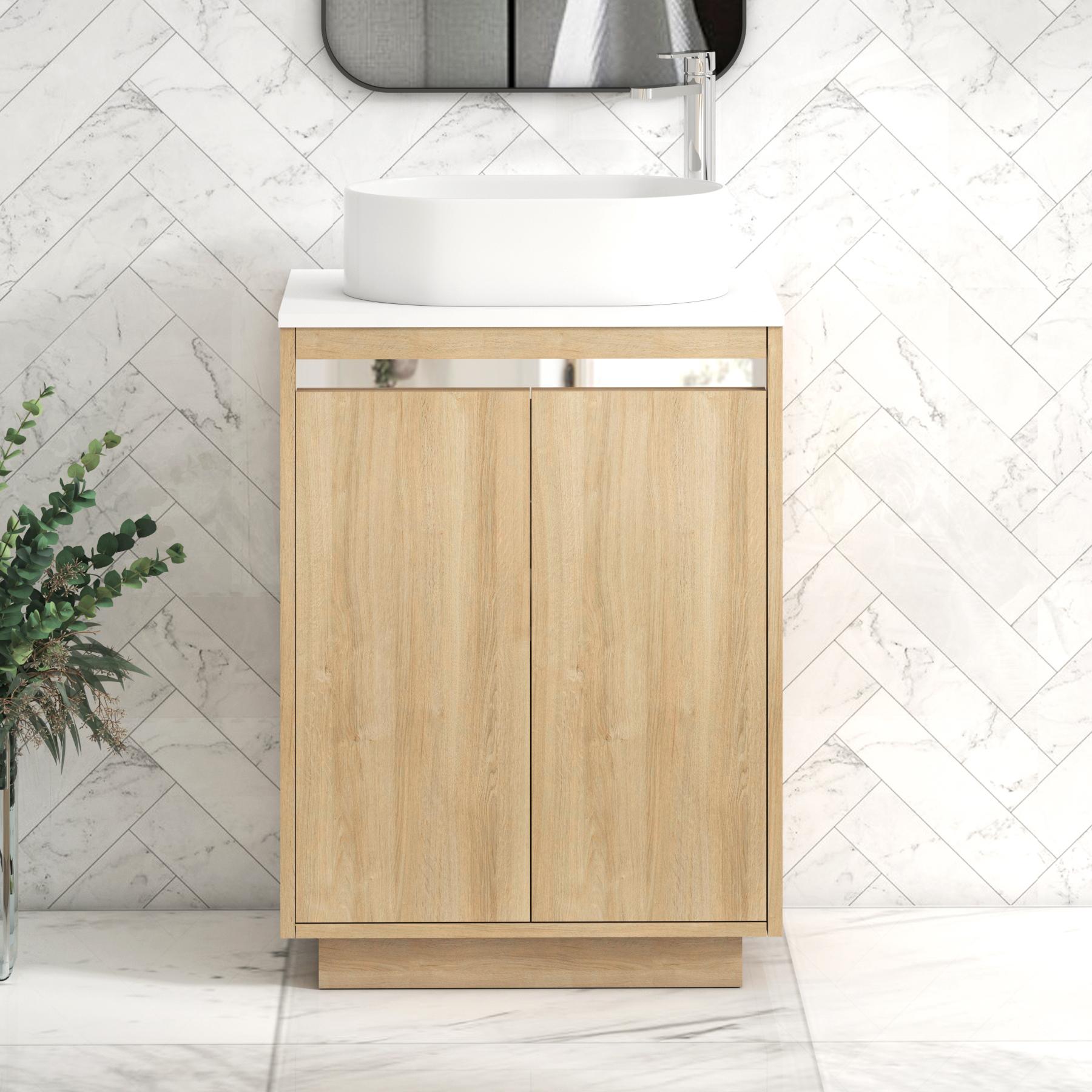 Orion 2 Door Natural Oak Floor Standing Vanity Unit with Plain White Top & Countertop Basin