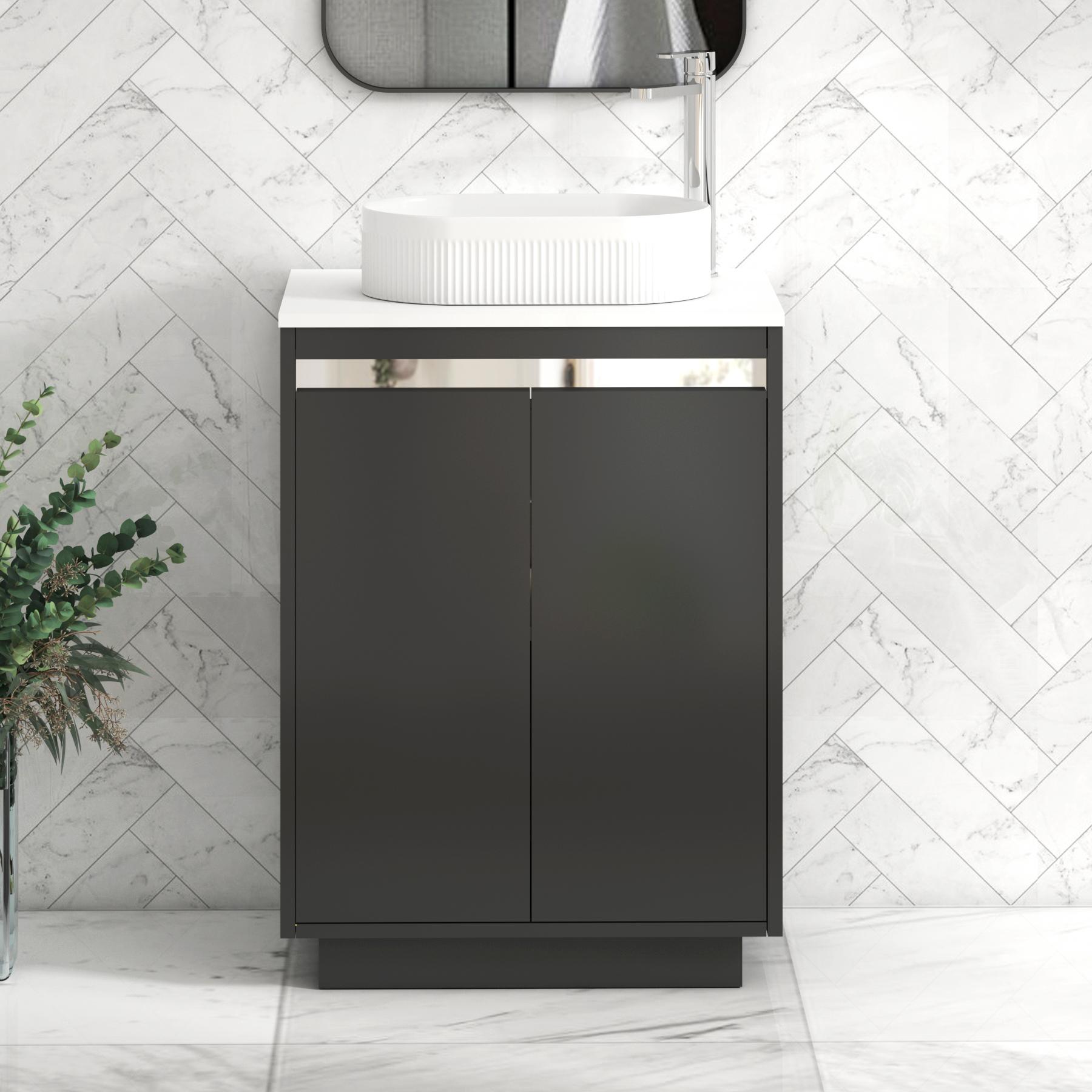 Orion 2 Door Matt Obsidian Black Floor Standing Vanity Unit with Plain White Top & Countertop Basin