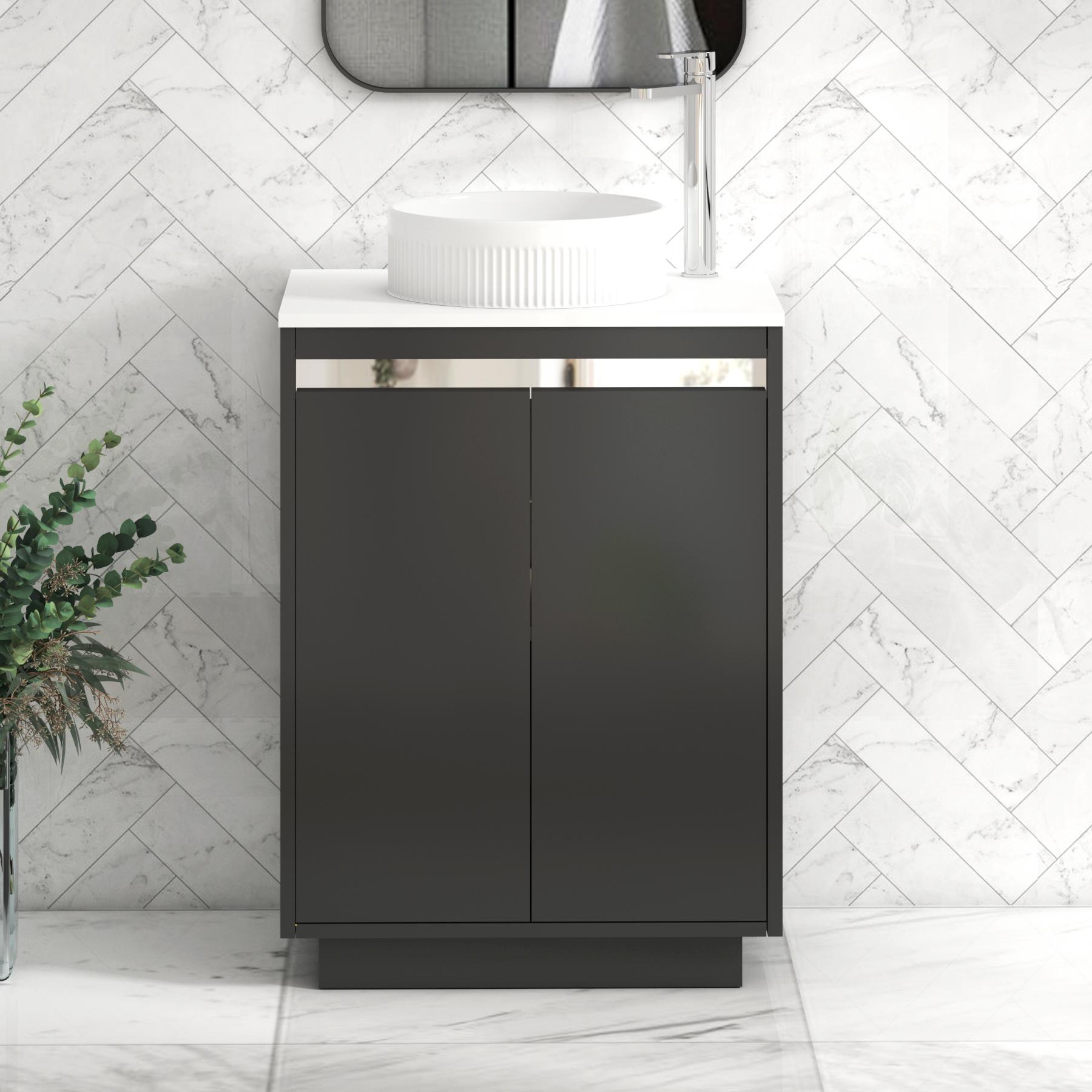 Orion 2 Door Matt Obsidian Black Floor Standing Vanity Unit with Plain White Top & Countertop Basin