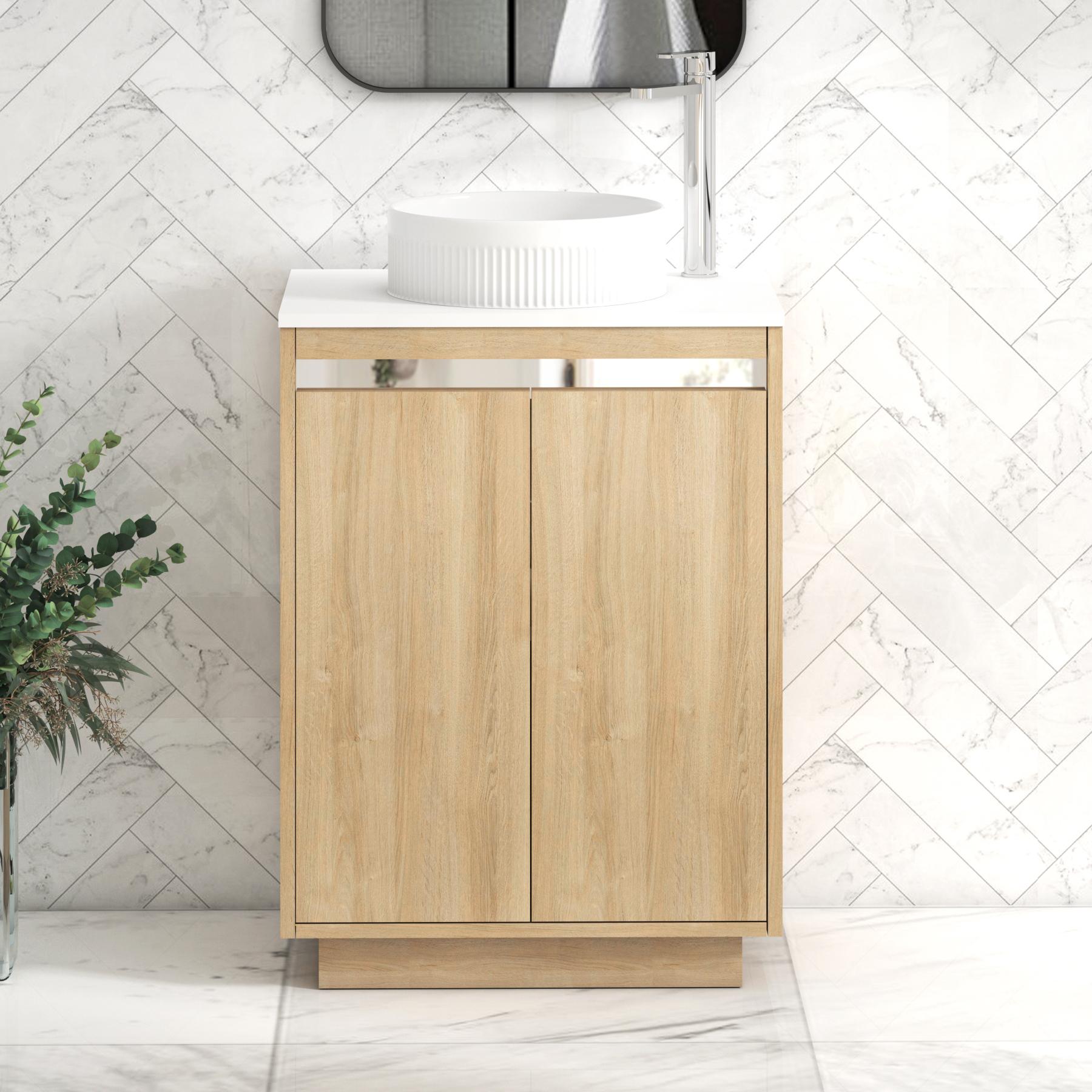 Orion 2 Door Natural Oak Floor Standing Vanity Unit with Plain White Top & Countertop Basin