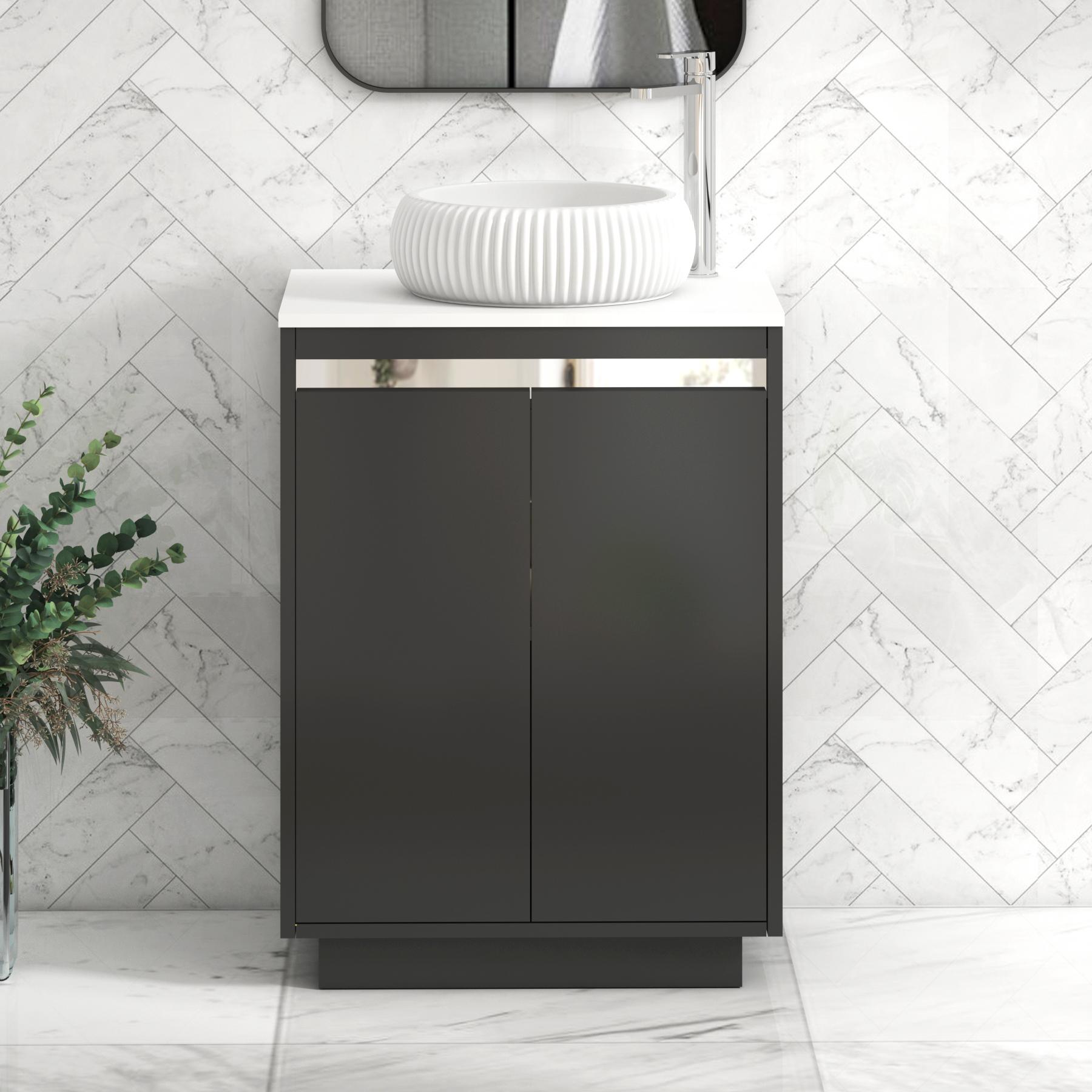 Orion 2 Door Matt Obsidian Black Floor Standing Vanity Unit with Plain White Top & Countertop Basin