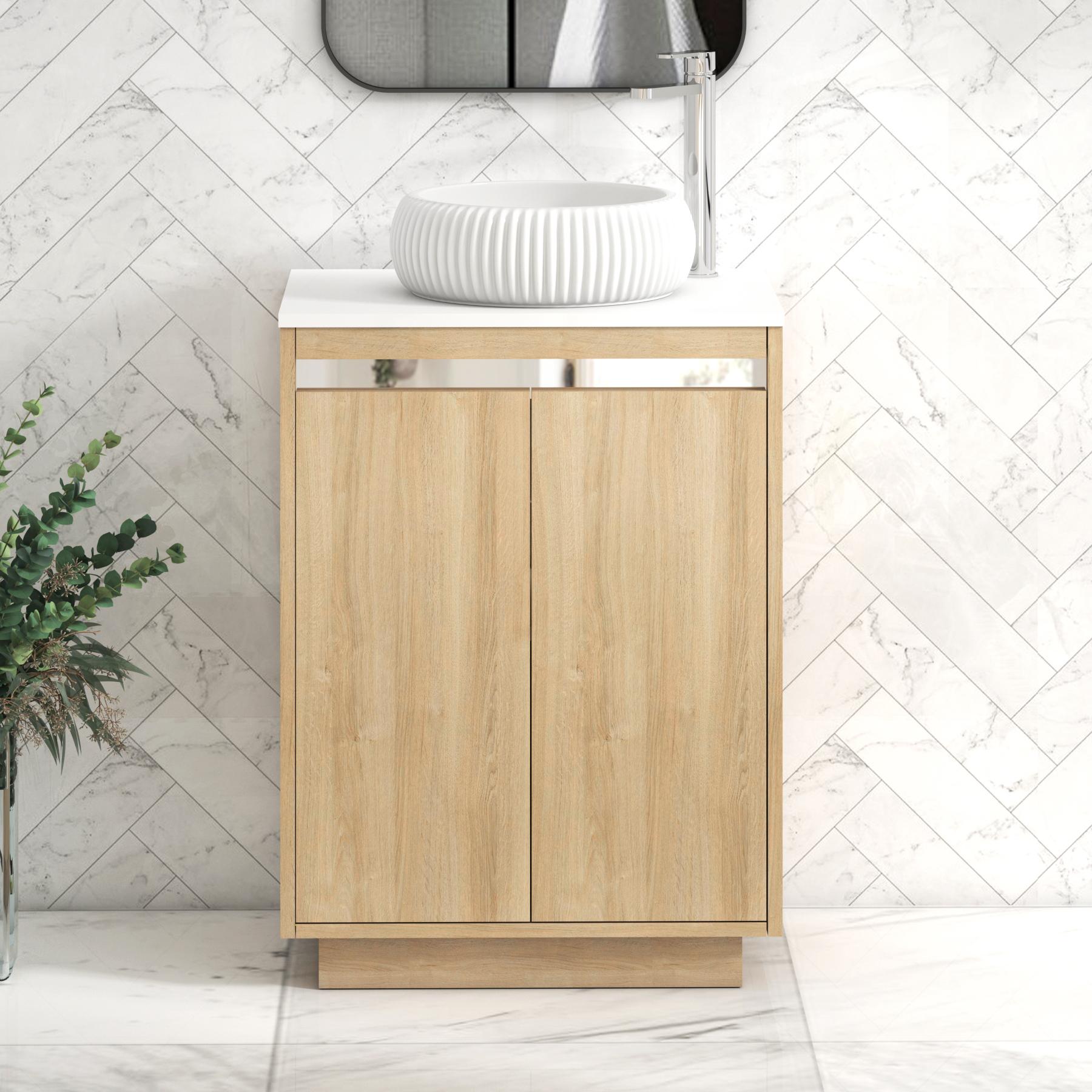 Orion 2 Door Natural Oak Floor Standing Vanity Unit with Plain White Top & Countertop Basin