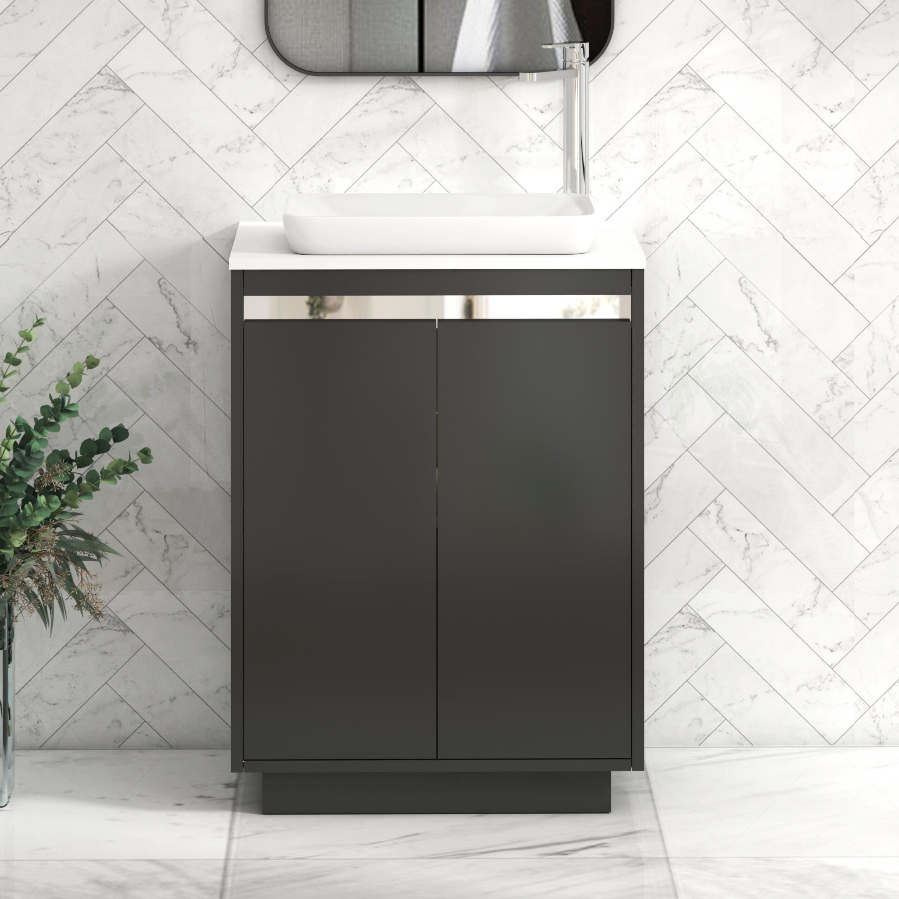 Orion 2 Door Matt Obsidian Black Floor Standing Vanity Unit with Plain White Top & Countertop Basin