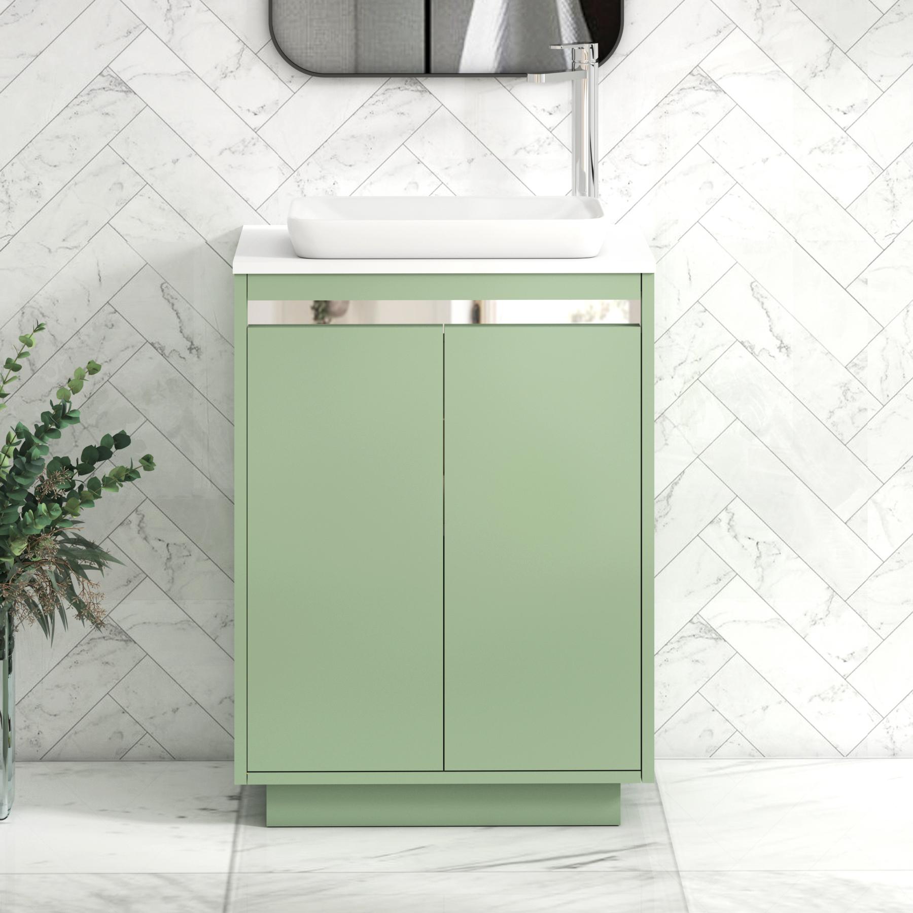 Orion 2 Door Mint Sage Floor Standing Vanity Unit with Plain White Top & Countertop Basin