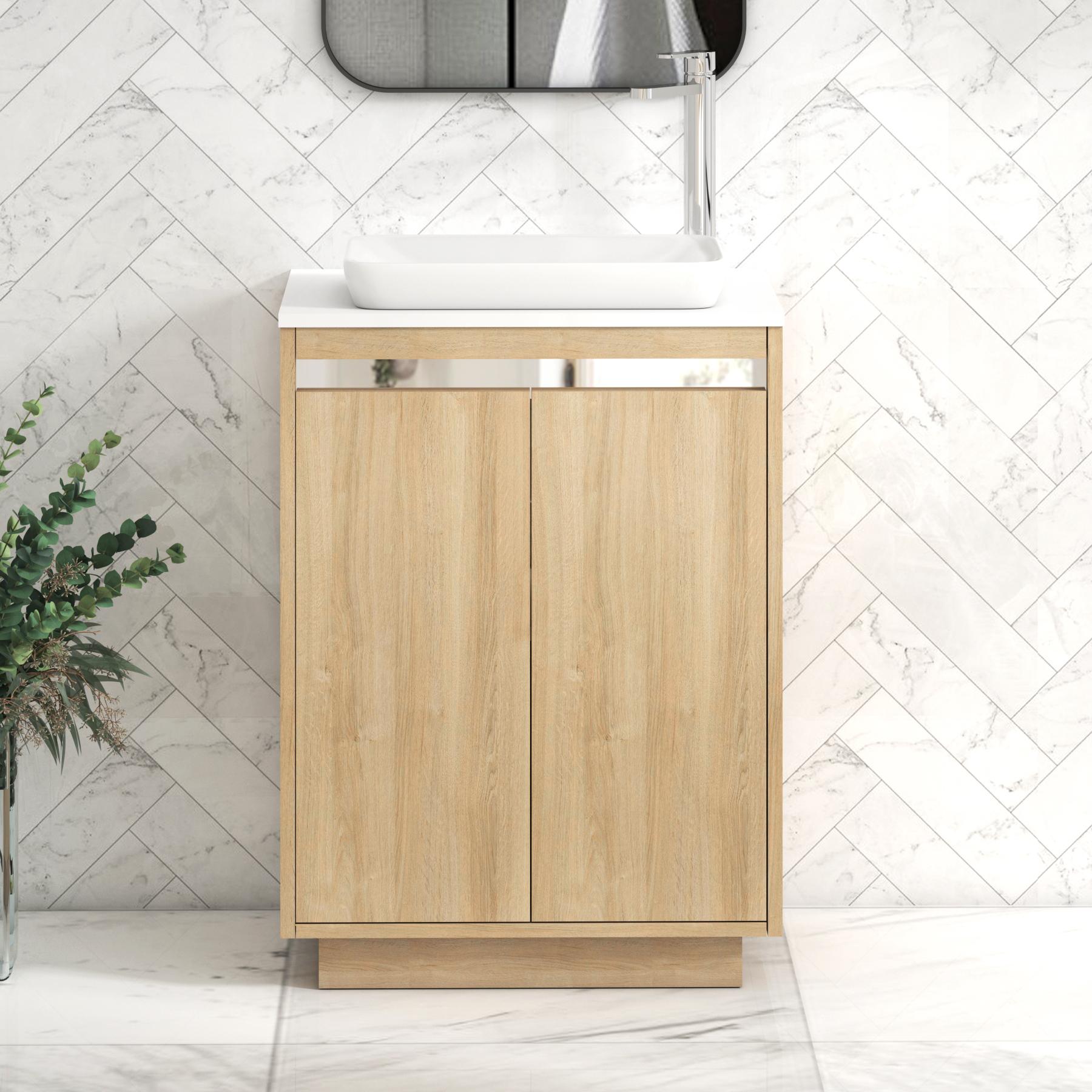 Orion 2 Door Natural Oak Floor Standing Vanity Unit with Plain White Top & Countertop Basin