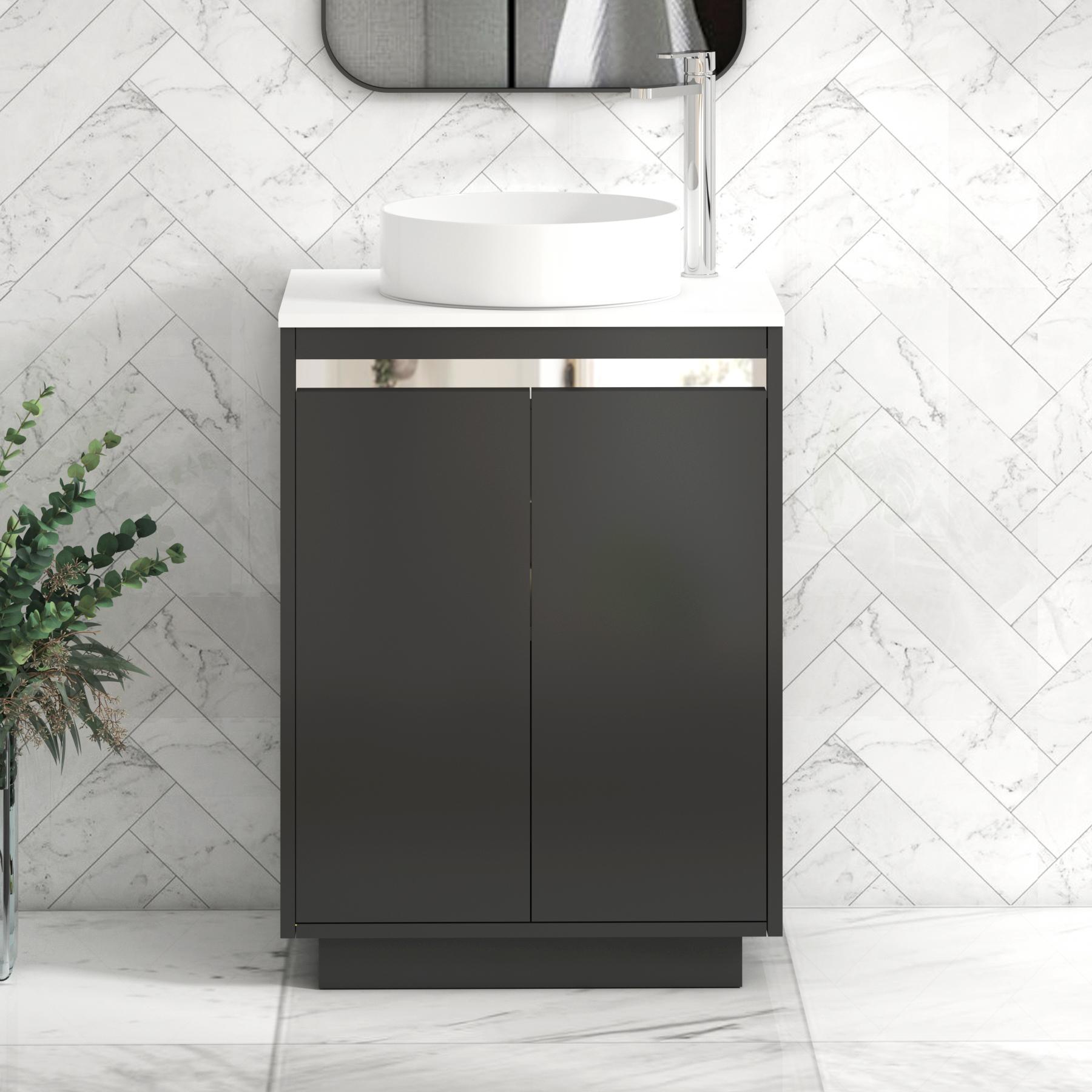 Orion 2 Door Matt Obsidian Black Floor Standing Vanity Unit with Plain White Top & Countertop Basin