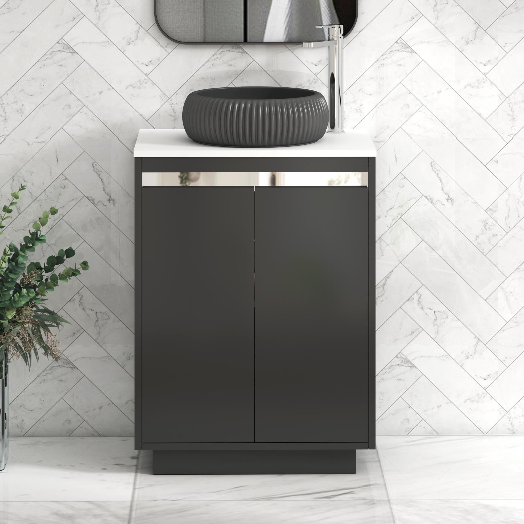 Orion 2 Door Matt Obsidian Black Floor Standing Vanity Unit with Plain White Top & Countertop Basin