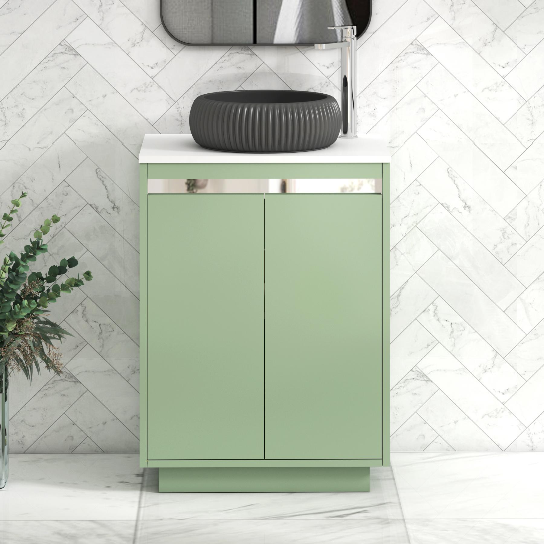 Orion 2 Door Mint Sage Floor Standing Vanity Unit with Plain White Top & Countertop Basin
