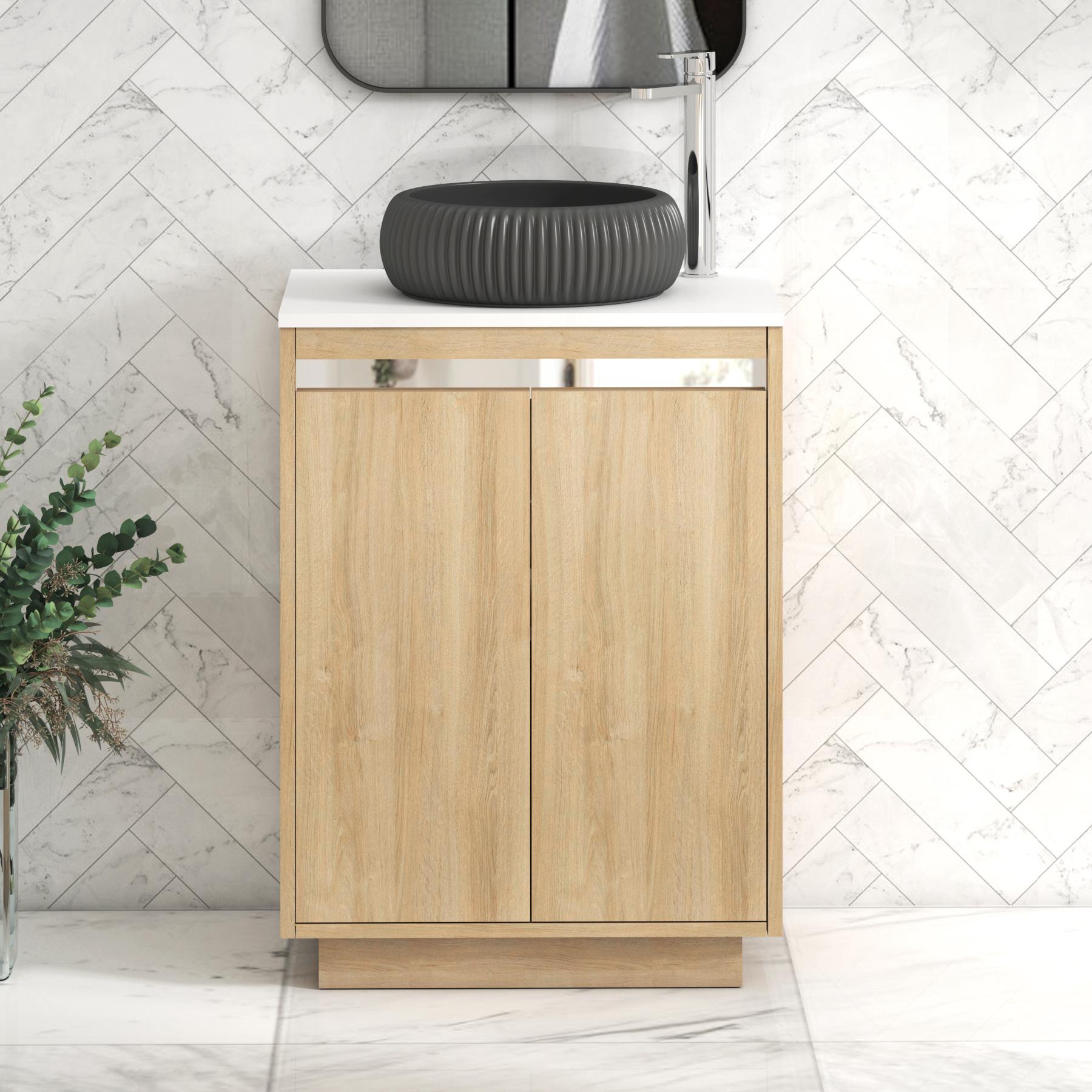 Orion 2 Door Natural Oak Floor Standing Vanity Unit with Plain White Top & Countertop Basin