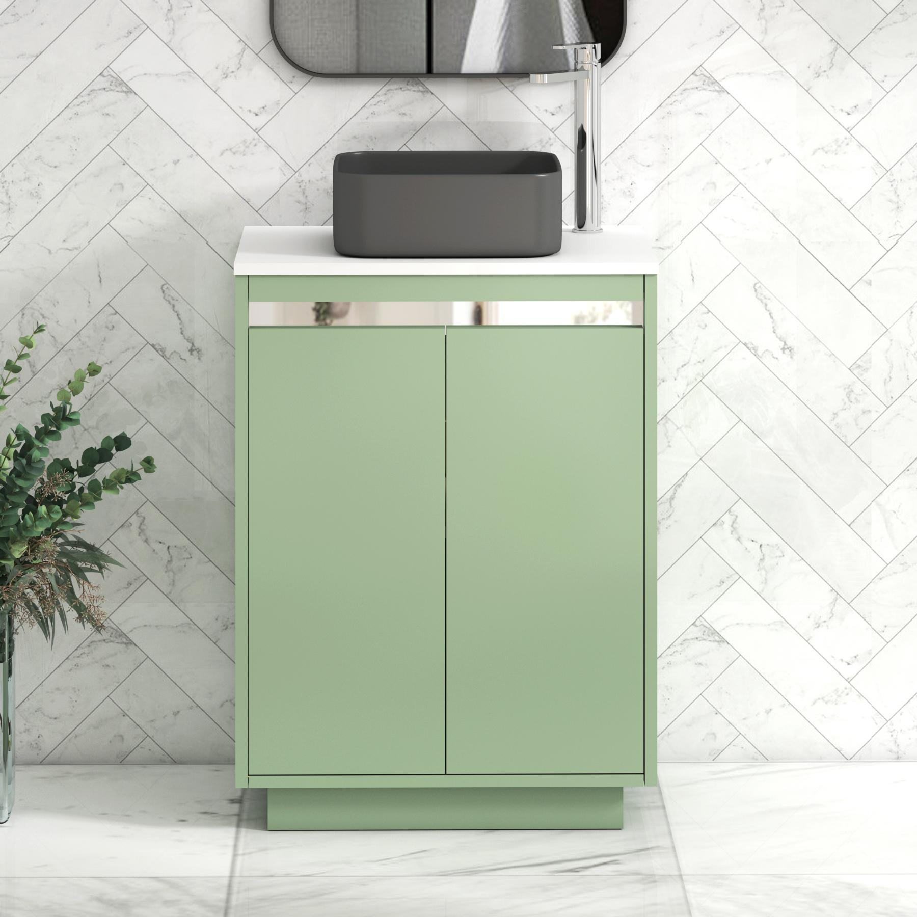 Orion 2 Door Mint Sage Floor Standing Vanity Unit with Plain White Top & Countertop Basin