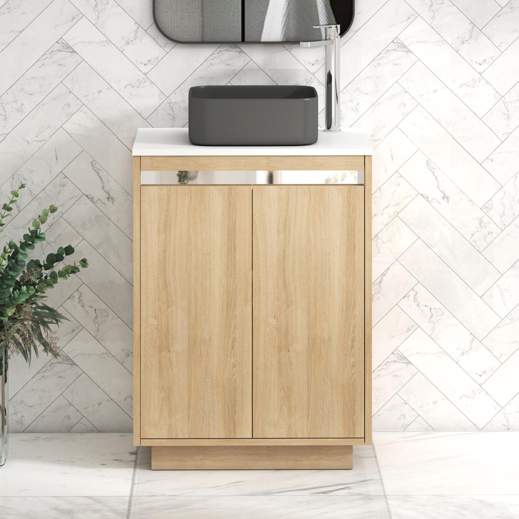 Orion 2 Door Natural Oak Floor Standing Vanity Unit with Plain White Top & Countertop Basin
