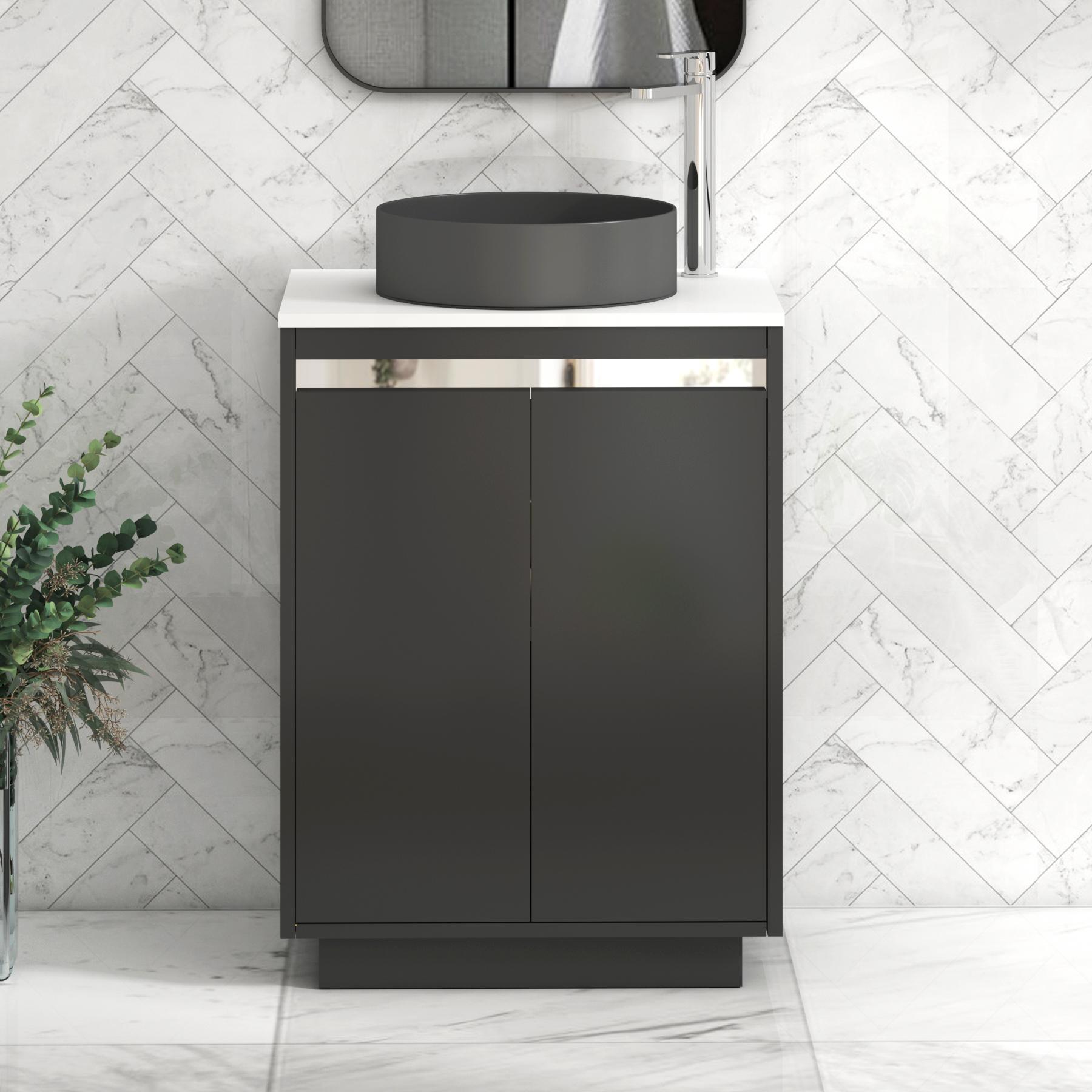 Orion 2 Door Matt Obsidian Black Floor Standing Vanity Unit with Plain White Top & Countertop Basin